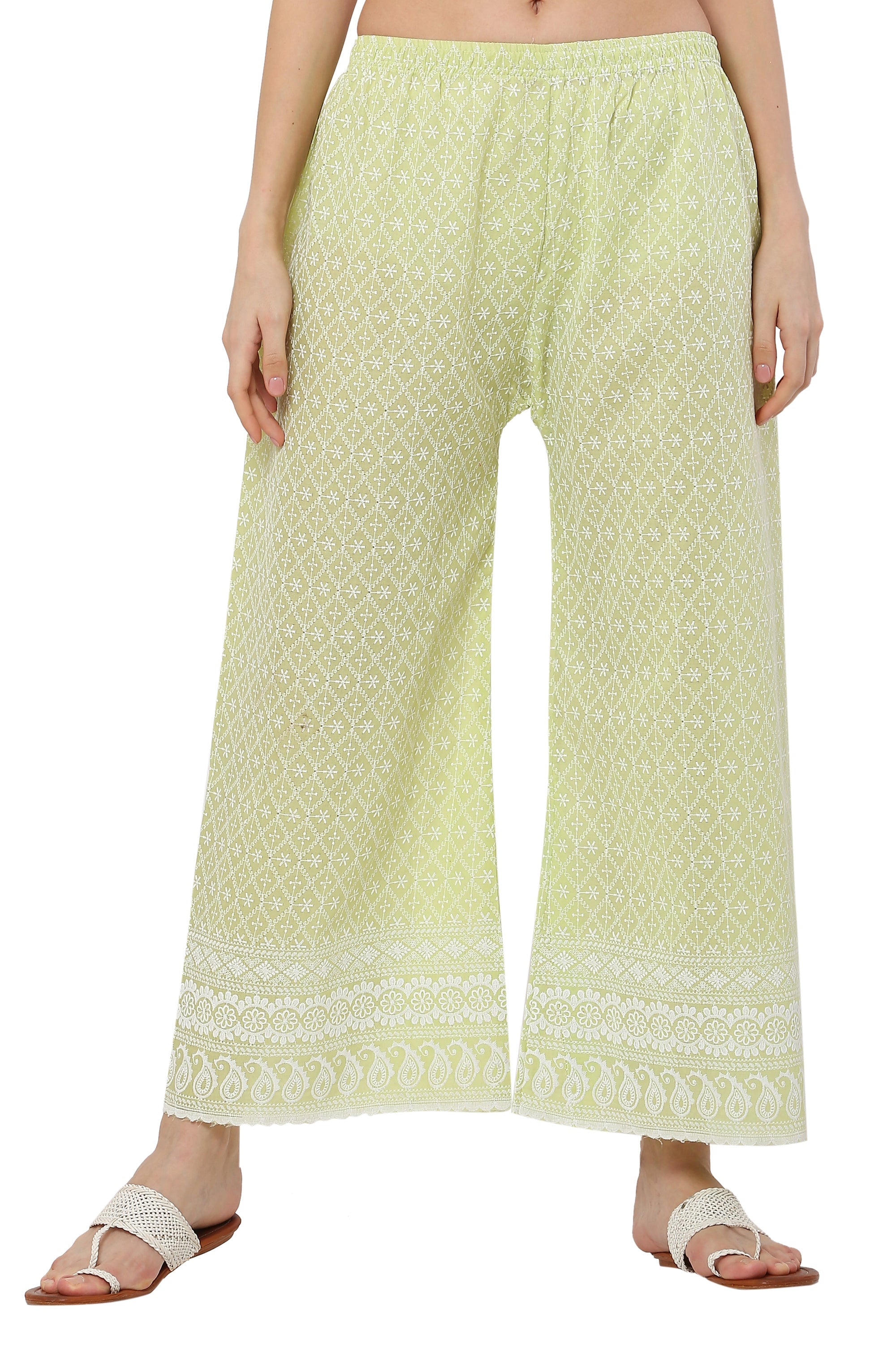 PAVONINE Lemon Color Full Thread Chikankari Cotton Fabric Palazzo For Women