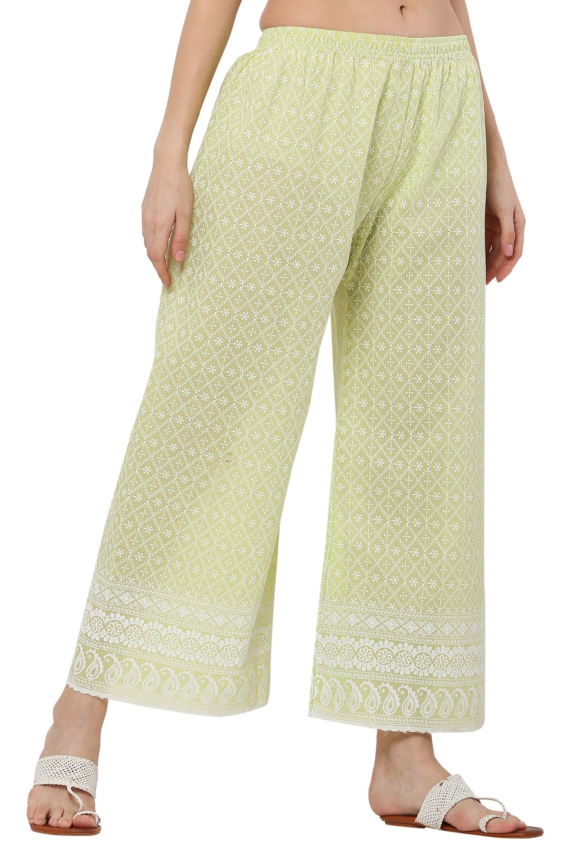 PAVONINE Lemon Color Full Thread Chikankari Cotton Fabric Palazzo For Women