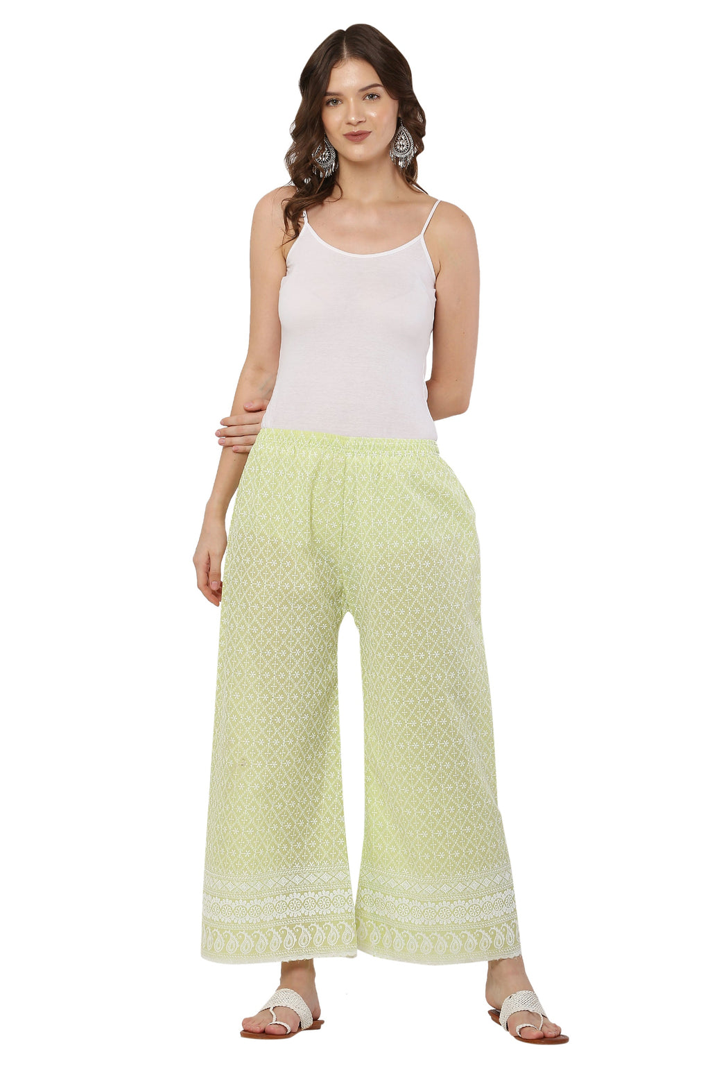PAVONINE Lemon Color Full Thread Chikankari Cotton Fabric Palazzo For Women