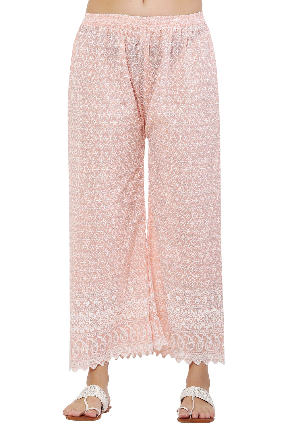 PAVONINE Peach Color Full Thread Chikankari Cotton Fabric Palazzo For Women
