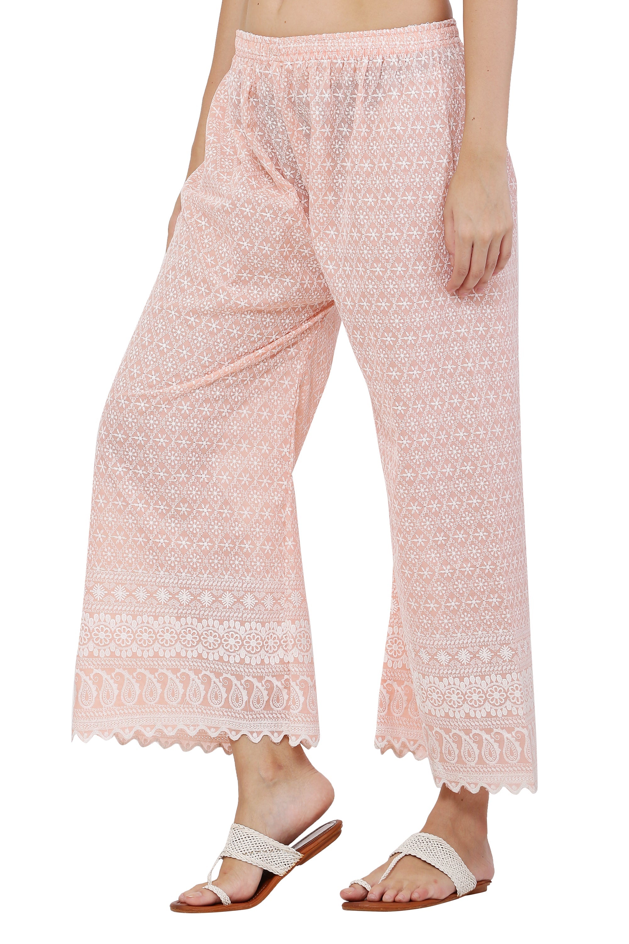 PAVONINE Peach Color Full Thread Chikankari Cotton Fabric Sharara For Women