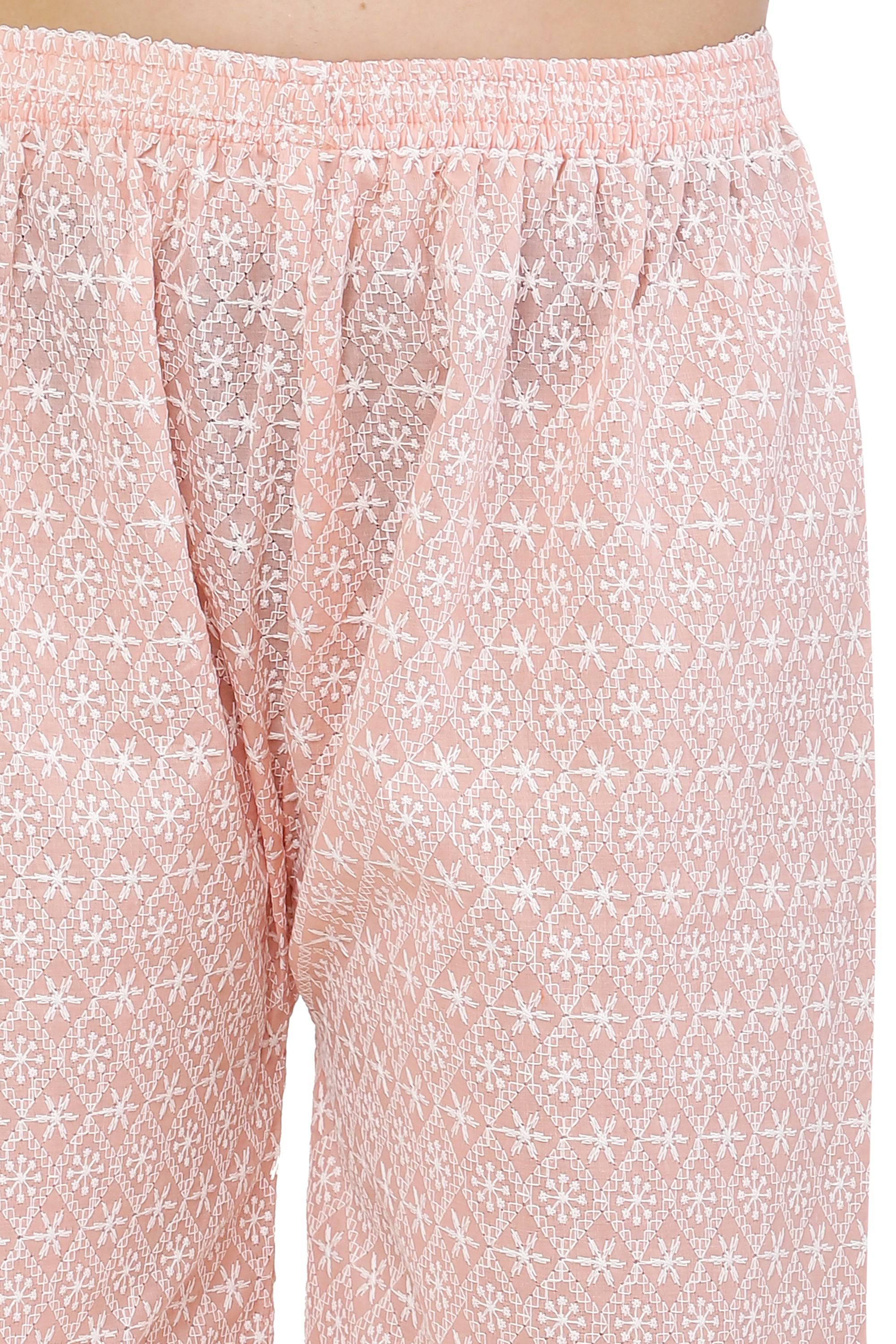 PAVONINE Peach Color Full Thread Chikankari Cotton Fabric Palazzo For Women