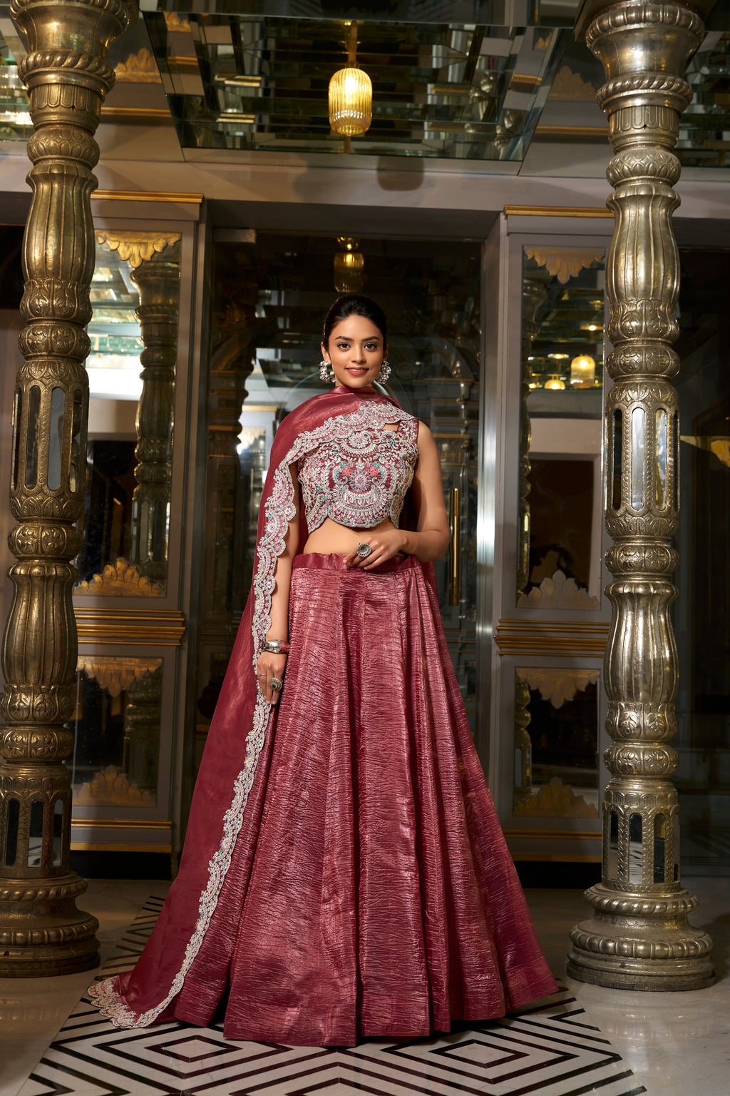 Lorenvalley Rust Gold Crush Fabric Plain Lehenga with Sequins and Thread Embroidery with Jarkan Diamond Work Choli and Dupatta
