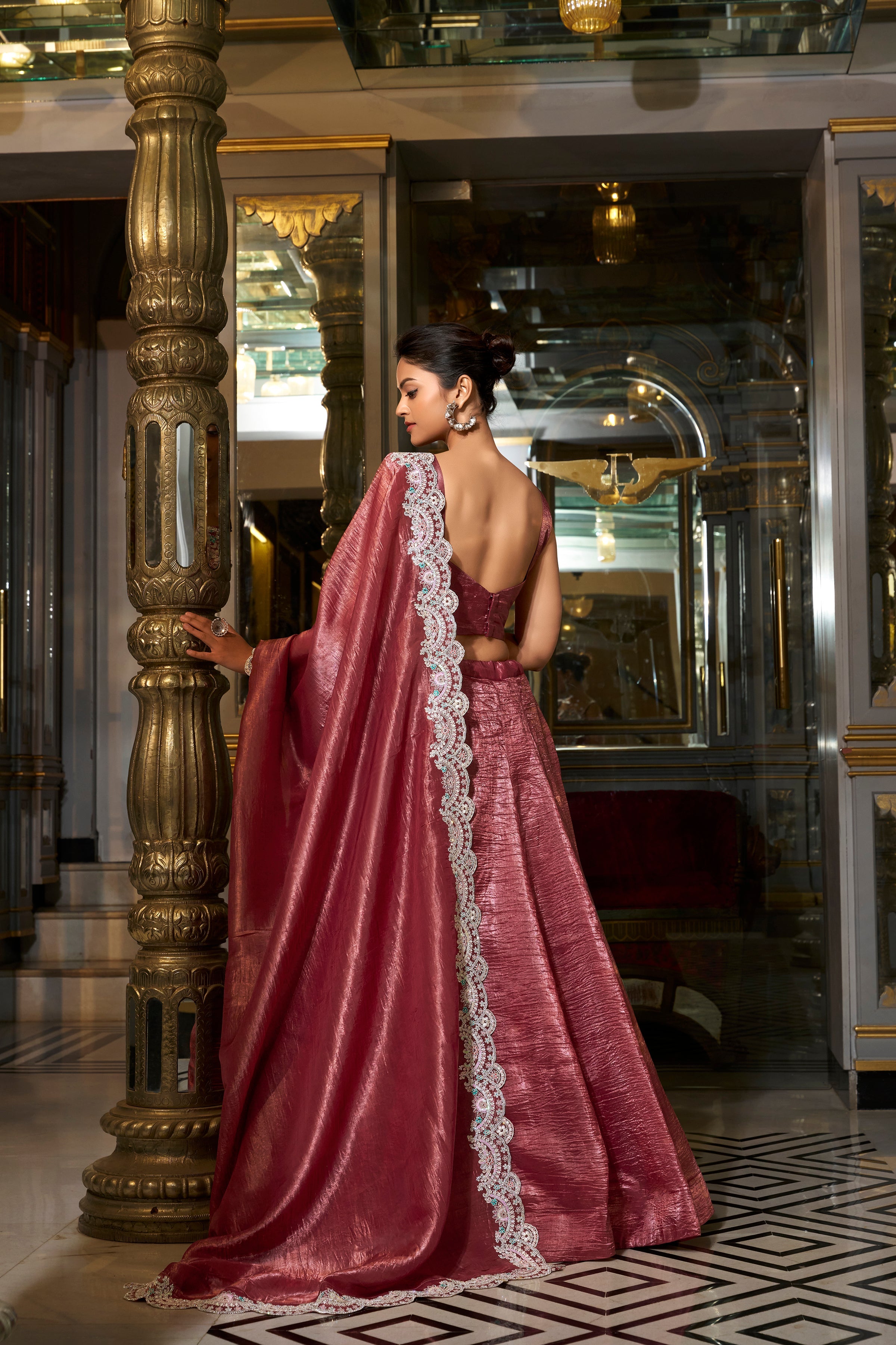 Lorenvalley Rust Gold Crush Fabric Plain Lehenga with Sequins and Thread Embroidery with Jarkan Diamond Work Choli and Dupatta