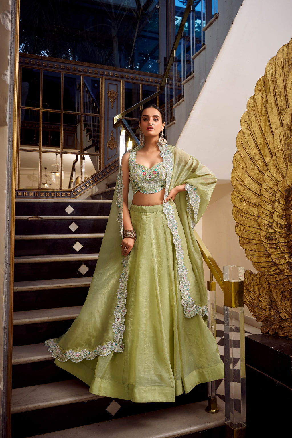 Lorenvalley Parrot Green Gold Crush Fabric Plain Lehenga with Sequins and Thread Embroidery with Jarkan Diamond Work Choli and Dupatta