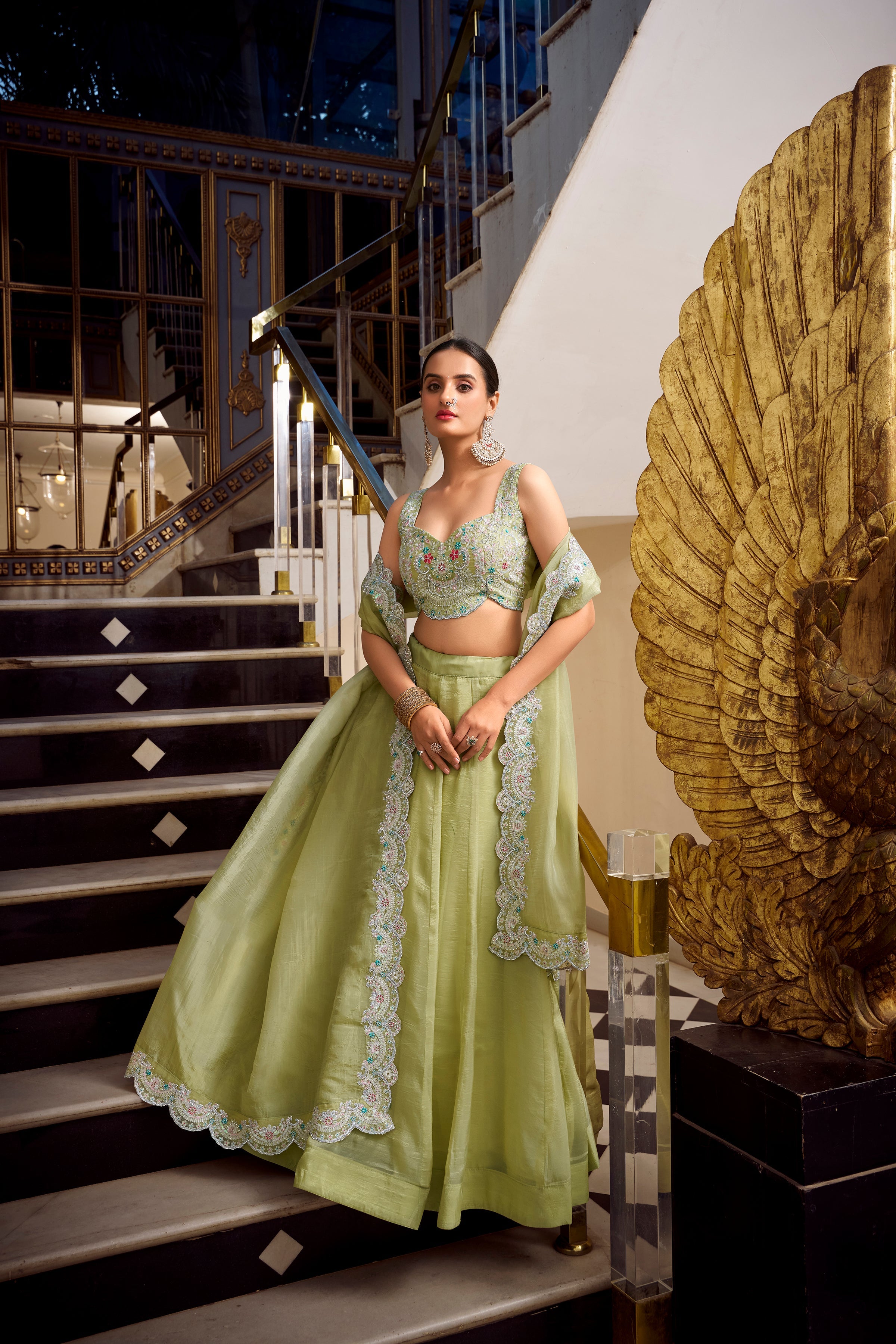 Lorenvalley Parrot Green Gold Crush Fabric Plain Lehenga with Sequins and Thread Embroidery with Jarkan Diamond Work Choli and Dupatta