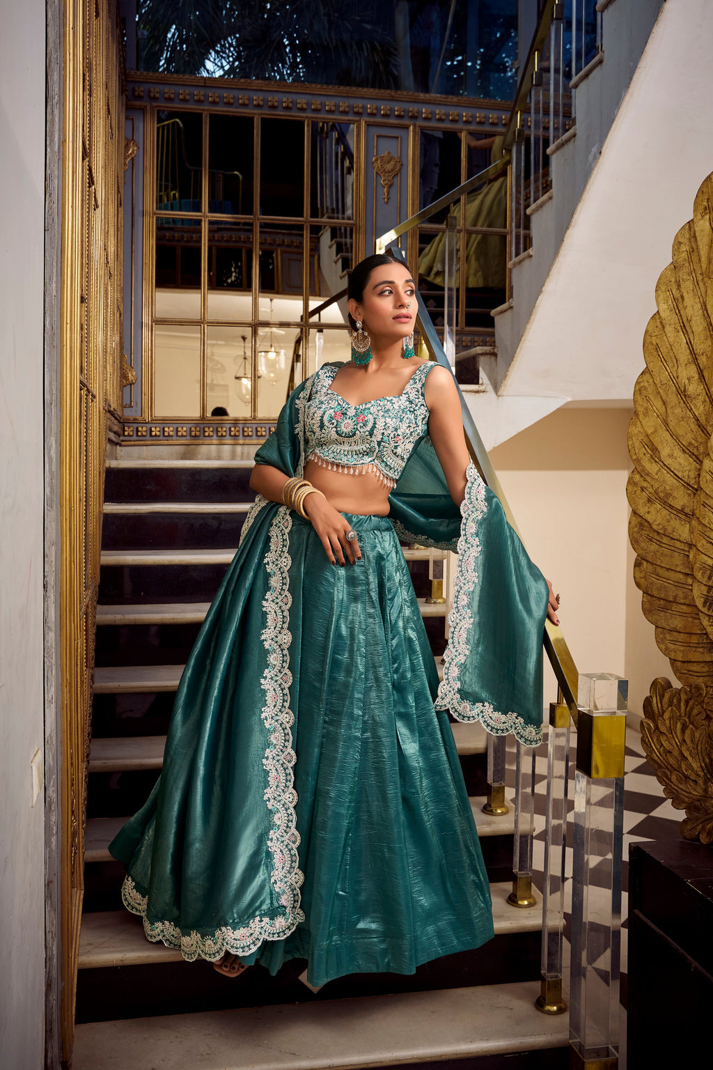 Lorenvalley Teal Gold Crush Fabric Plain Lehenga with Sequins and Thread Embroidery with Jarkan Diamond Work Choli and Dupatta