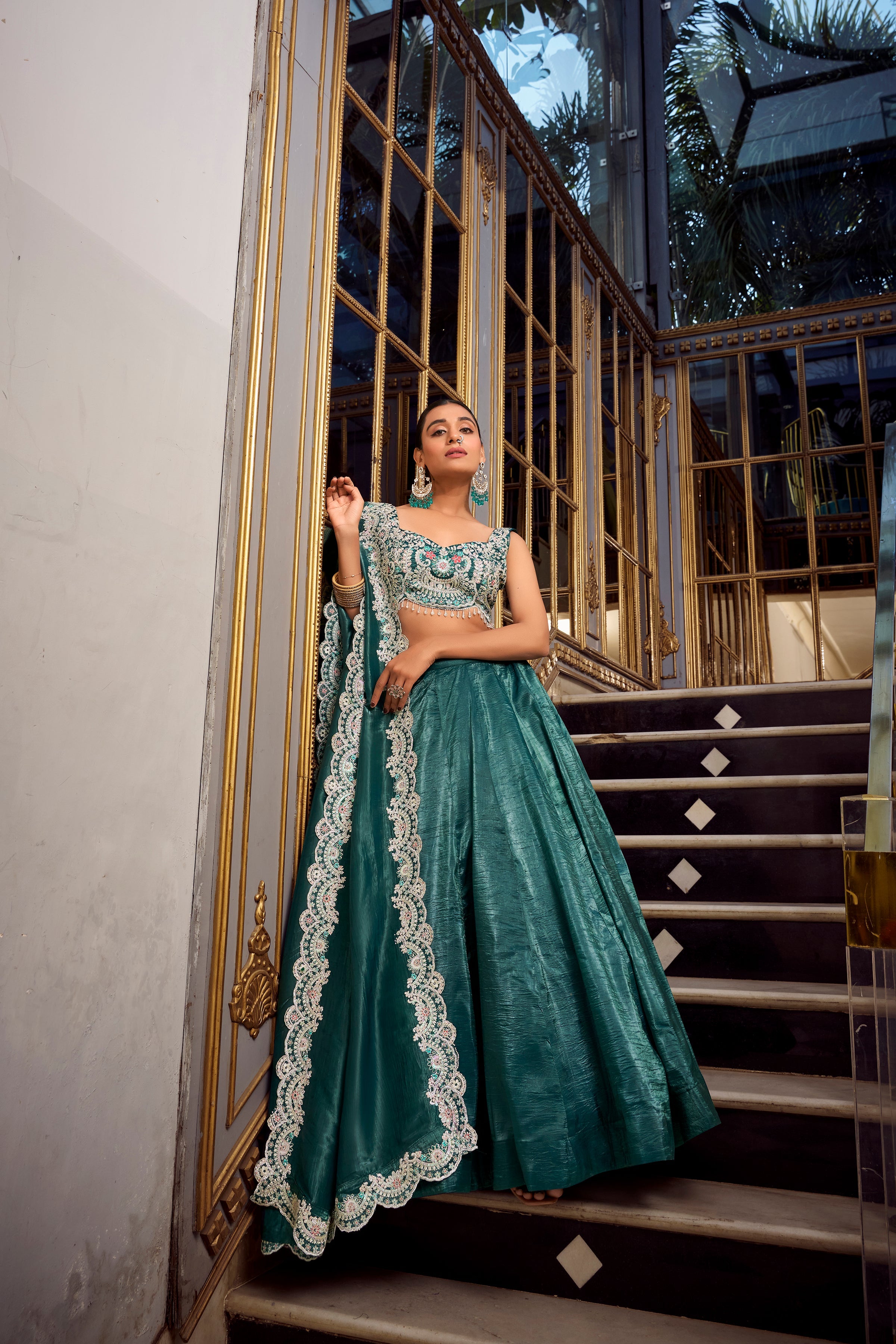 Lorenvalley Teal Gold Crush Fabric Plain Lehenga with Sequins and Thread Embroidery with Jarkan Diamond Work Choli and Dupatta