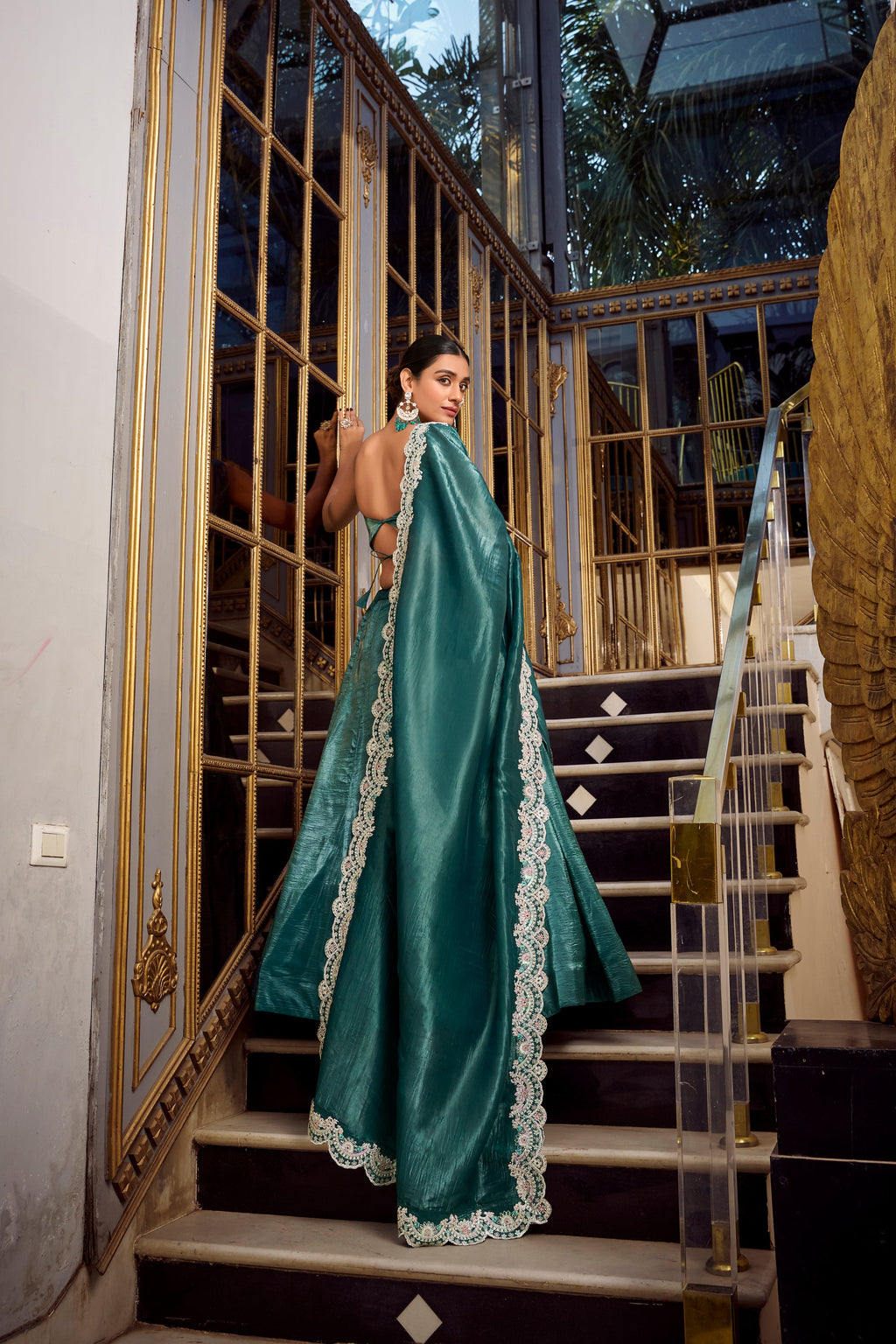Lorenvalley Teal Gold Crush Fabric Plain Lehenga with Sequins and Thread Embroidery with Jarkan Diamond Work Choli and Dupatta