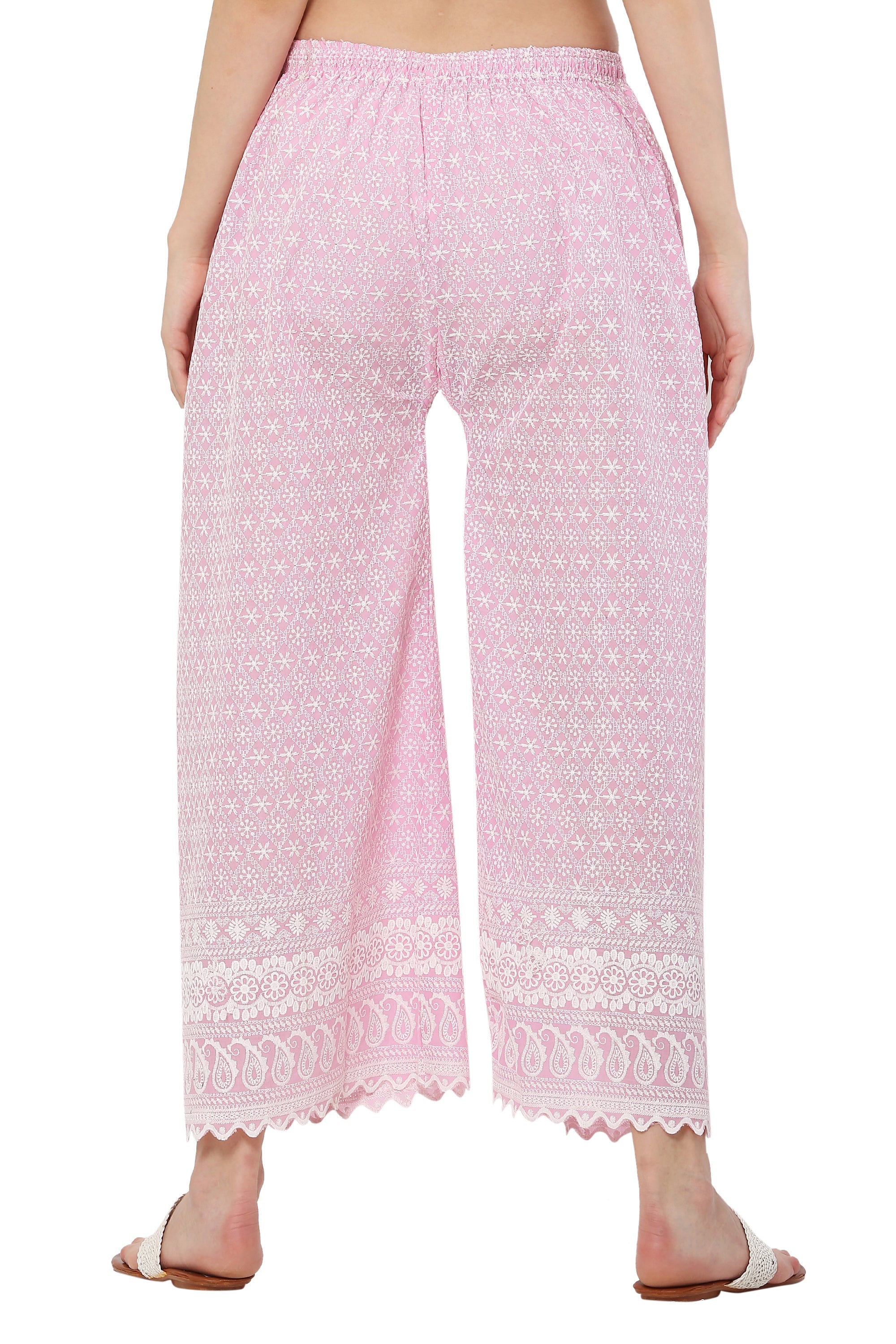 PAVONINE Pink Color Full Thread Chikankari Cotton Fabric Palazzo For Women
