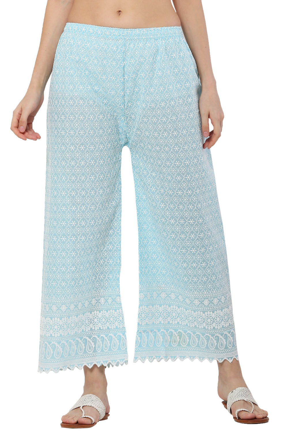 PAVONINE Rama Green Color Full Thread Chikankari Cotton Fabric Sharara For Women