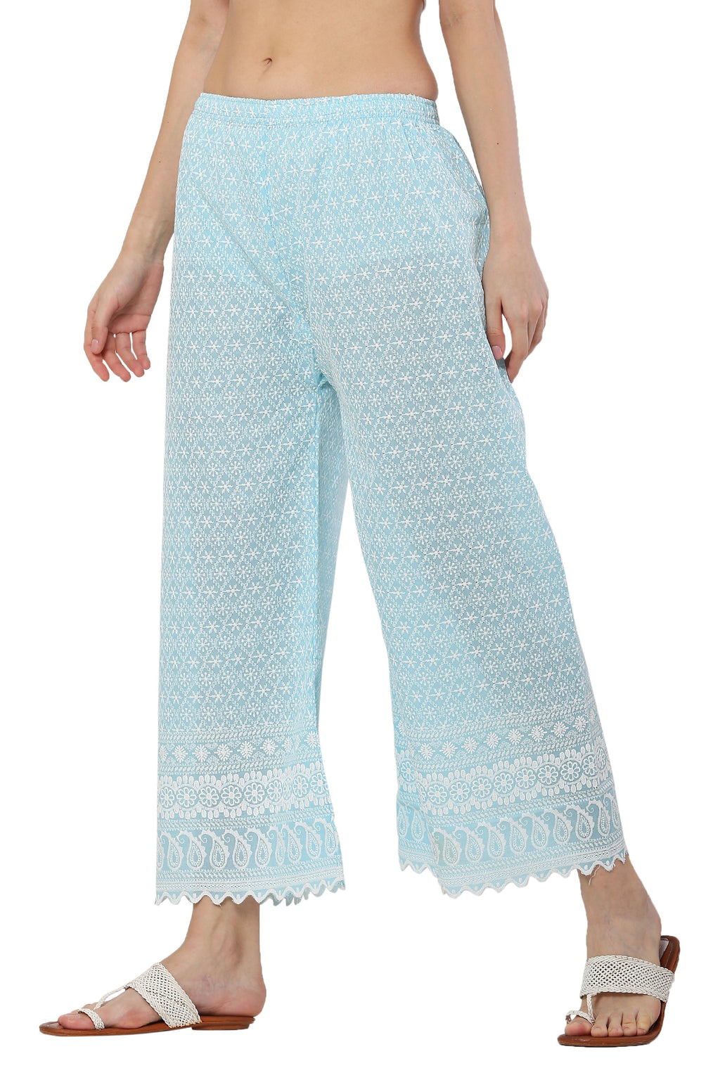 PAVONINE Rama Green Color Full Thread Chikankari Cotton Fabric Palazzo For Women
