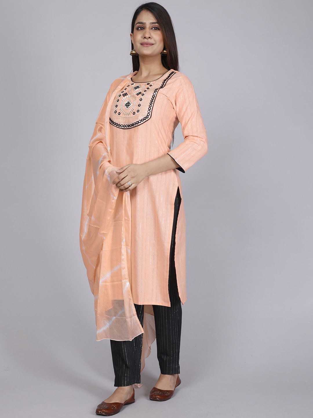 HERE&NOW Women Orange Floral Yoke Design Mirror Work Kurta with Trousers & Dupatta