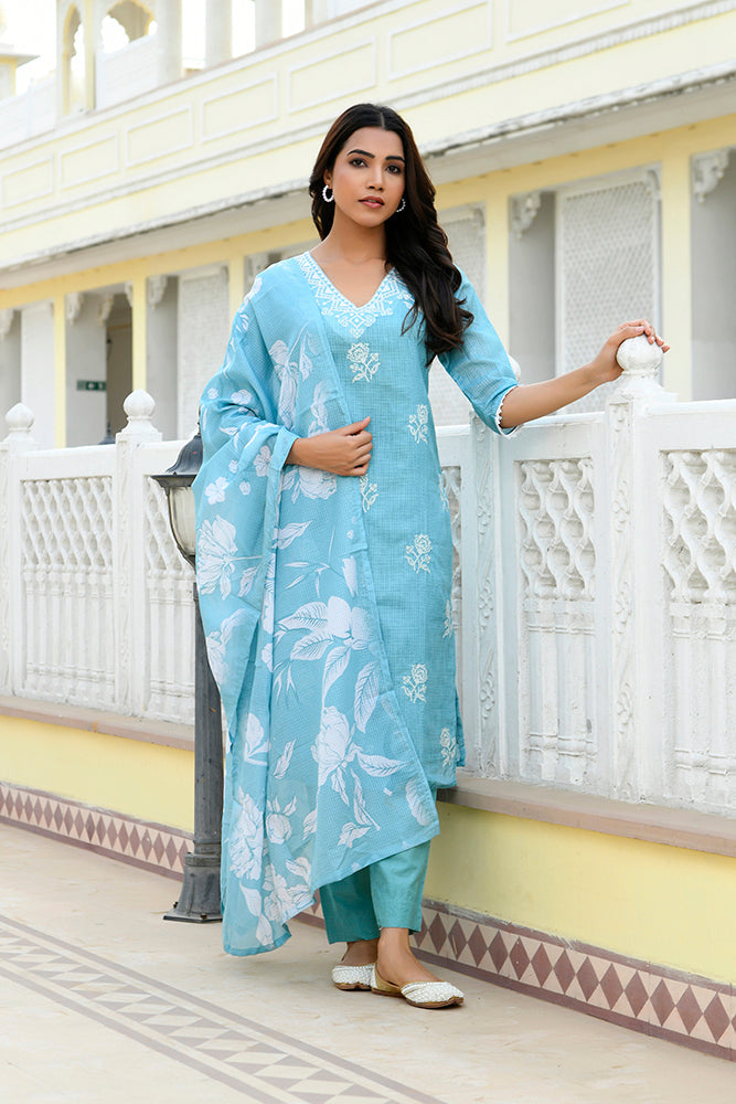 Vaasva Women Blue Kota Doria Embroidered Solid Kurta Set With Solid Pants & Printed Dupatta