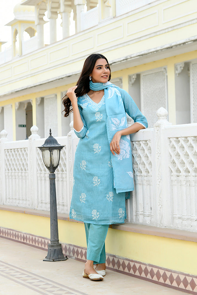Vaasva Women Blue Kota Doria Embroidered Solid Kurta Set With Solid Pants & Printed Dupatta