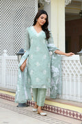 Vaasva Women Green Kota Doria Embroidered Solid Kurta Set With Solid Pants & Printed Dupatta