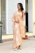 Vaasva Women Mustard Kota Doria Embroidered Solid Kurta Set With Solid Pants & Printed Dupatta