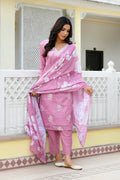 Vaasva Women Pink Kota Doria Embroidered Solid Kurta Set With Solid Pants & Printed Dupatta