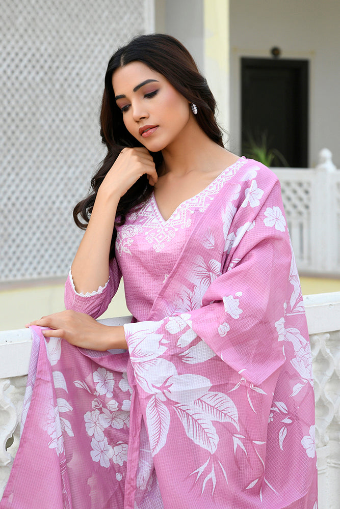 Vaasva Women Pink Kota Doria Embroidered Solid Kurta Set With Solid Pants & Printed Dupatta
