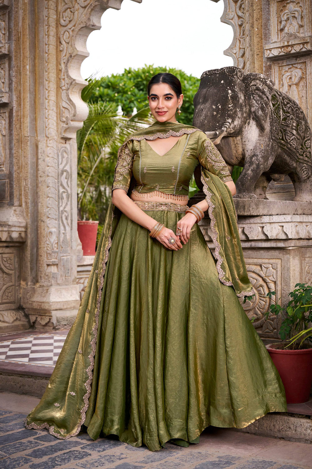 Lorenvalley Fashion Mahendi Fendi Silk Sequins and Thread Embroidery Work Belt Lehenga Choli with Dupatta