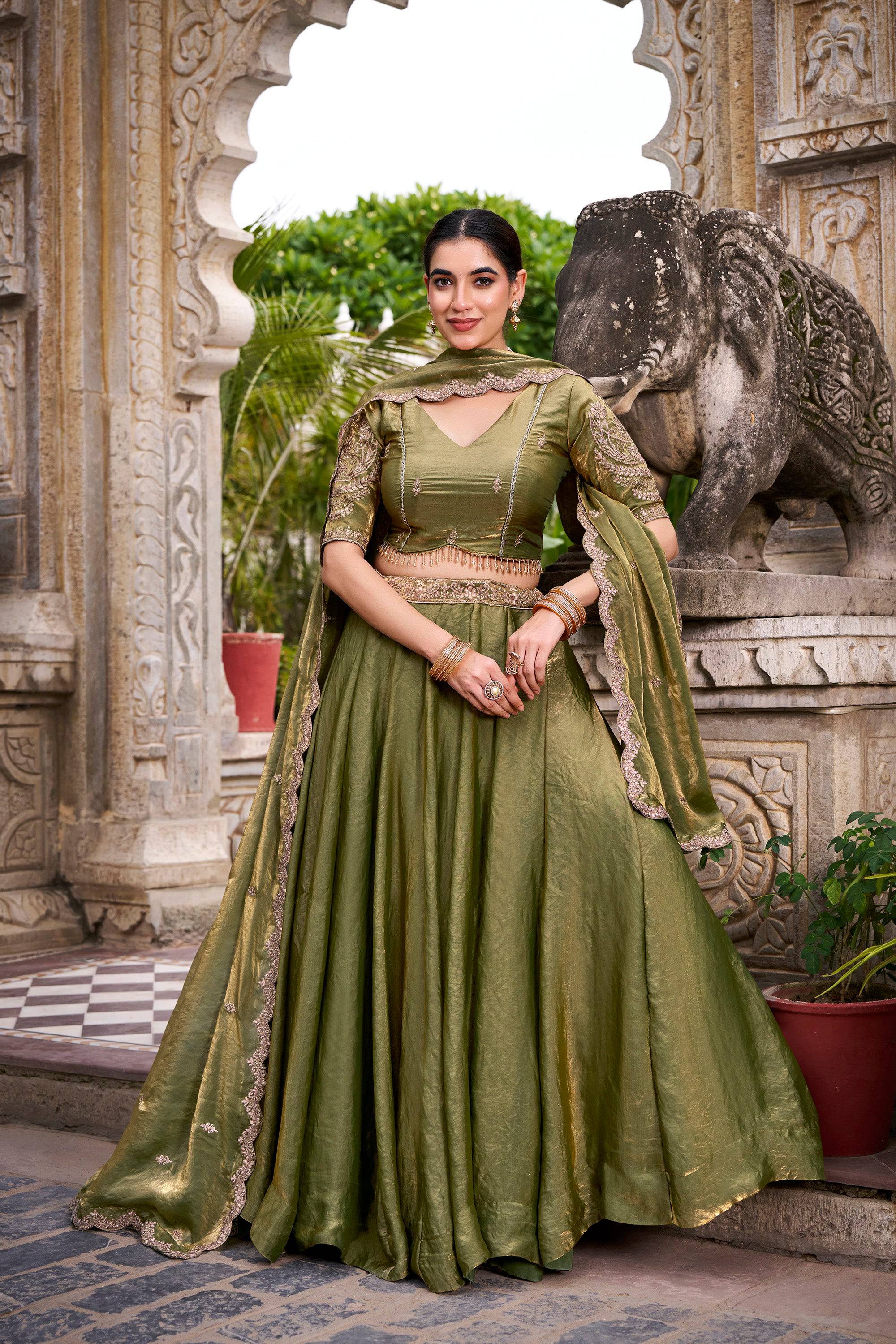 Lorenvalley Fashion Mahendi Fendi Silk Sequins and Thread Embroidery Work Belt Lehenga Choli with Dupatta
