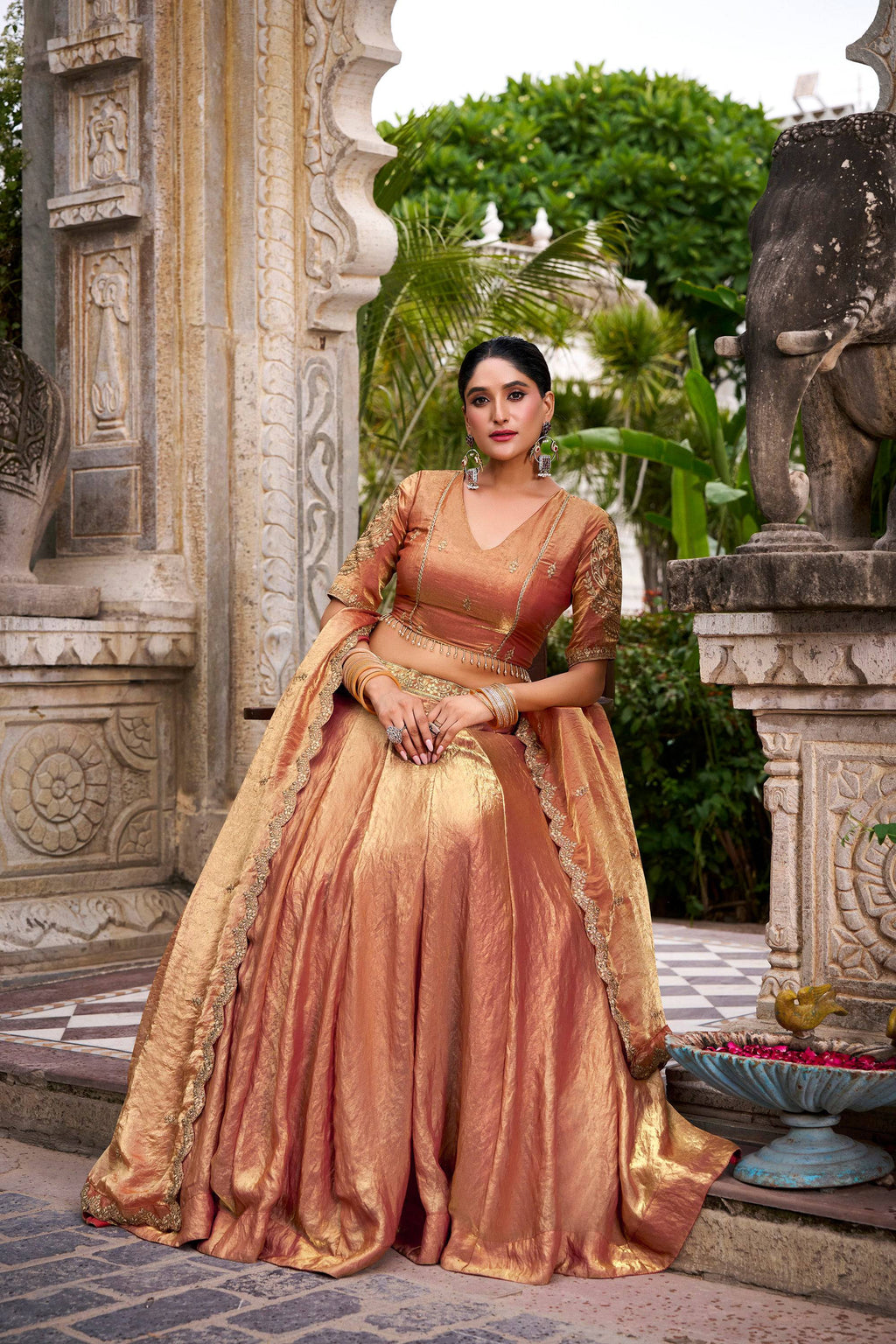 Lorenvalley Fashion Rosegold Fendi Silk Sequins and Thread Embroidery Work Belt Lehenga Choli with Dupatta