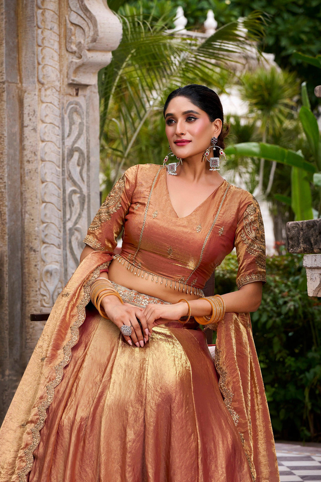 Lorenvalley Fashion Rosegold Fendi Silk Sequins and Thread Embroidery Work Belt Lehenga Choli with Dupatta