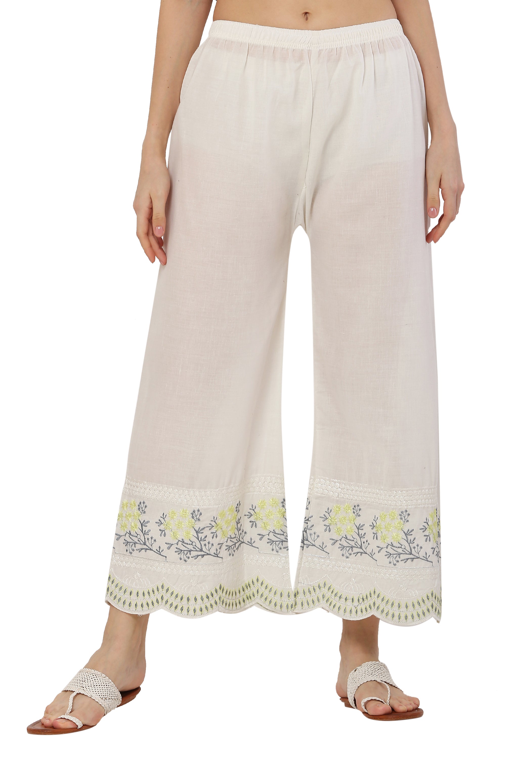 PAVONINE Lemon Color Hem Half Chikankari Cotton Fabric Sharara For Women