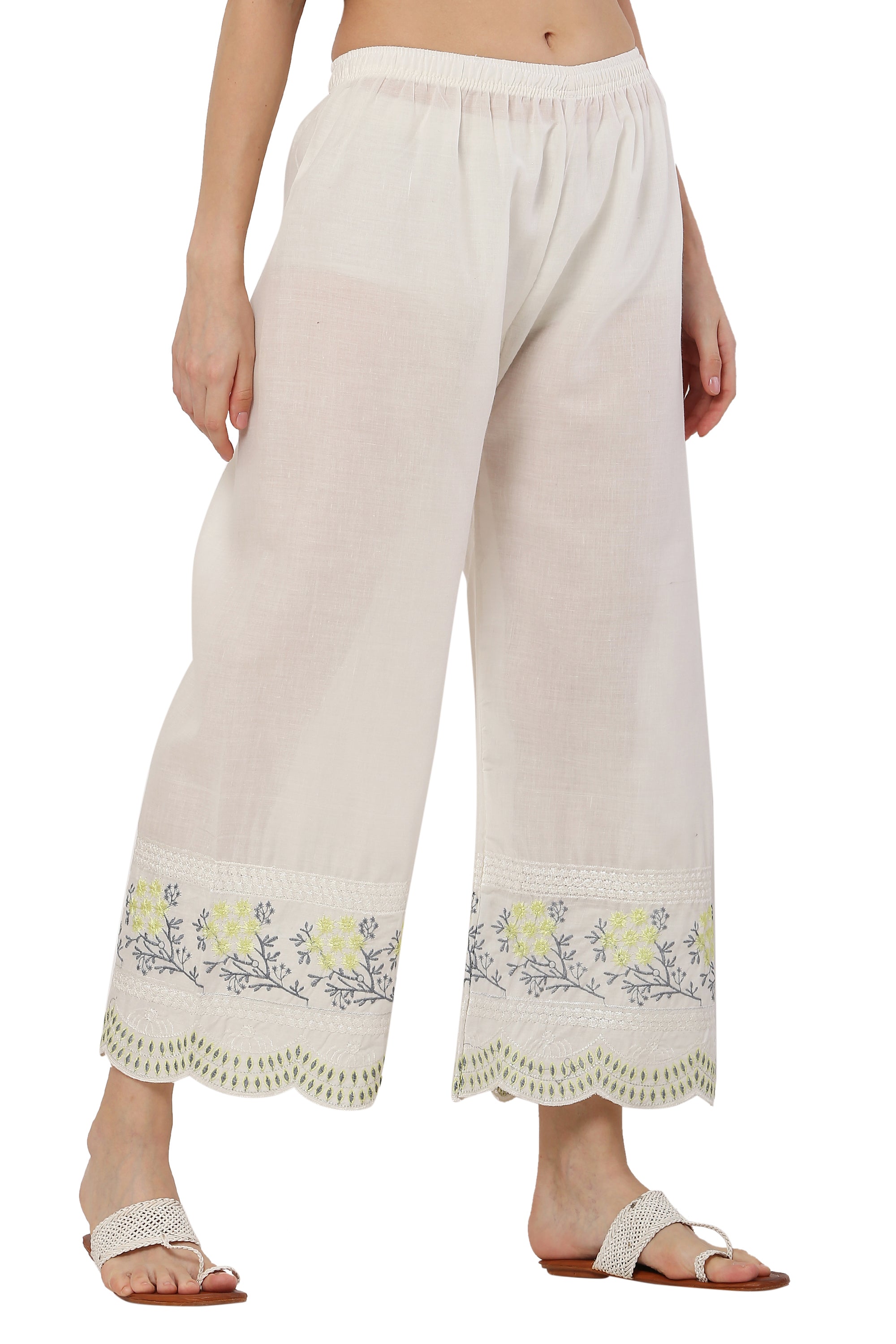 PAVONINE Lemon Color Hem Half Chikankari Cotton Fabric Sharara For Women