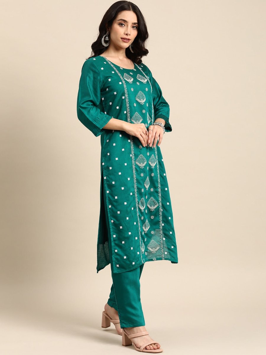 All About You Ethnic Motifs Embroidered Panelled Thread Work Chanderi Silk Kurta Set