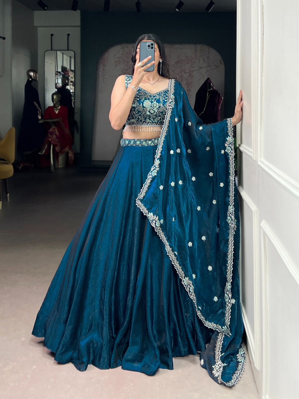 Lorenvalley Fashion Rama Fendi Silk Sequins and Thread Embroidery Work Belt Lehenga Choli with Dupatta