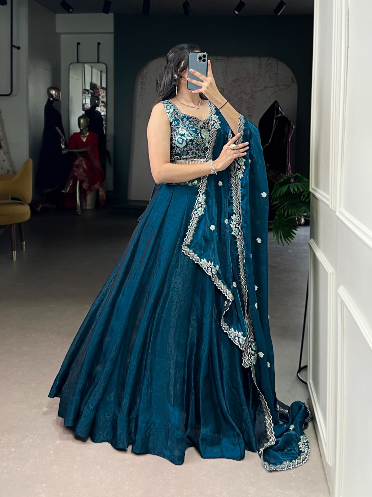 Lorenvalley Fashion Rama Fendi Silk Sequins and Thread Embroidery Work Belt Lehenga Choli with Dupatta