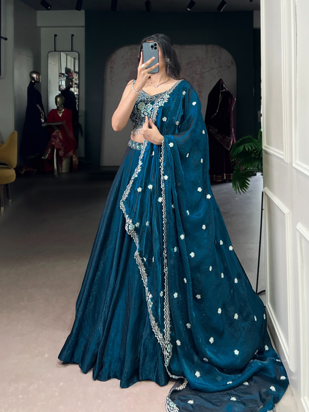 Lorenvalley Fashion Rama Fendi Silk Sequins and Thread Embroidery Work Belt Lehenga Choli with Dupatta