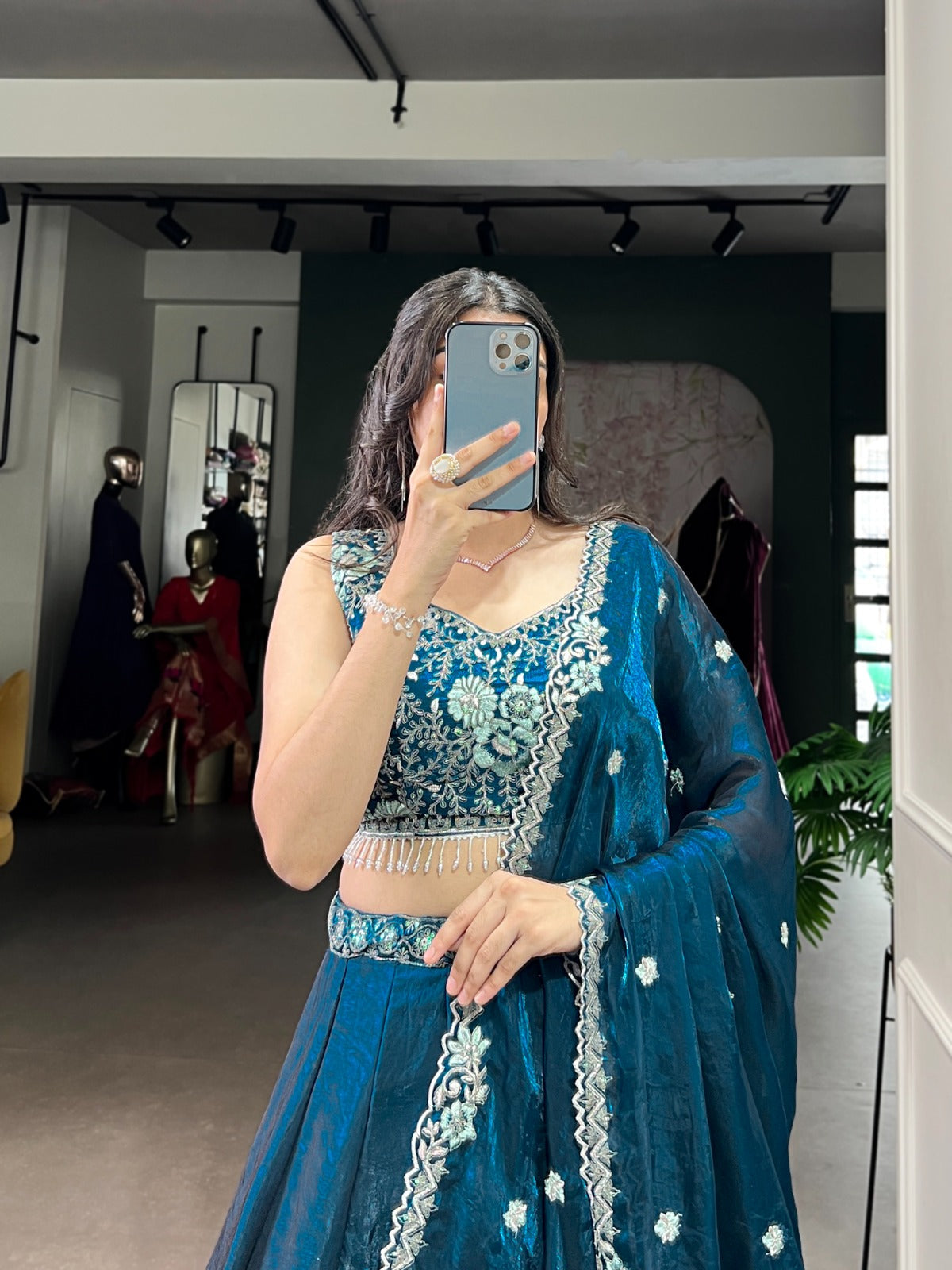 Lorenvalley Fashion Rama Fendi Silk Sequins and Thread Embroidery Work Belt Lehenga Choli with Dupatta