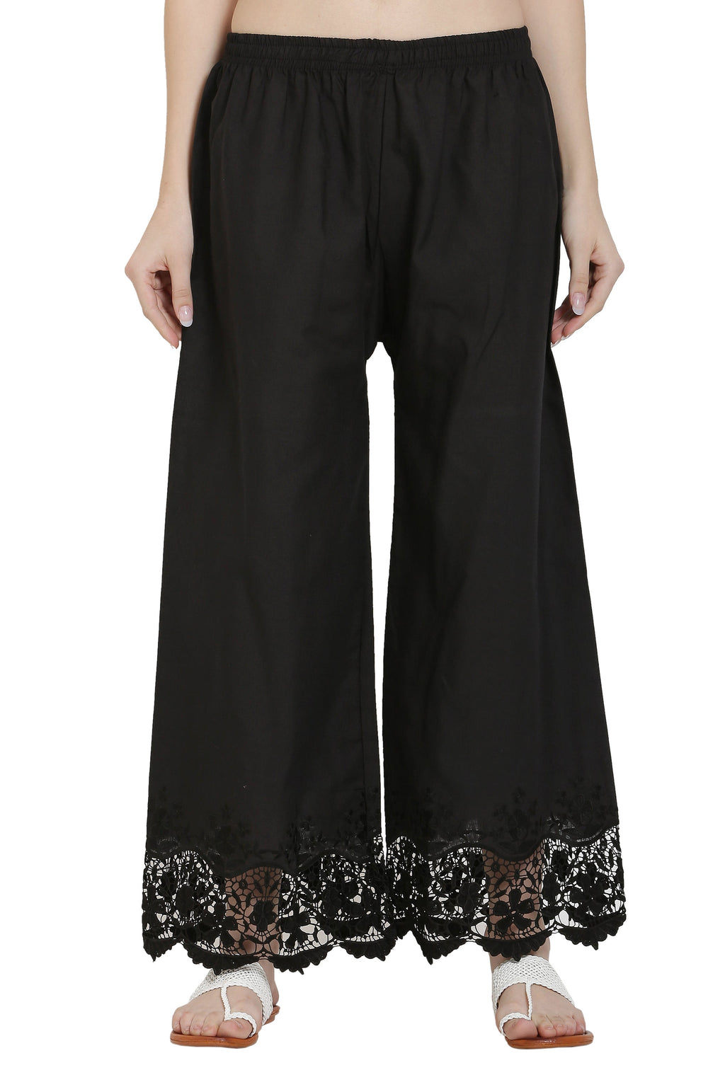 PAVONINE Black Color Chikankari Lace Scalloped Hem Cotton Fabric Sharara For Women