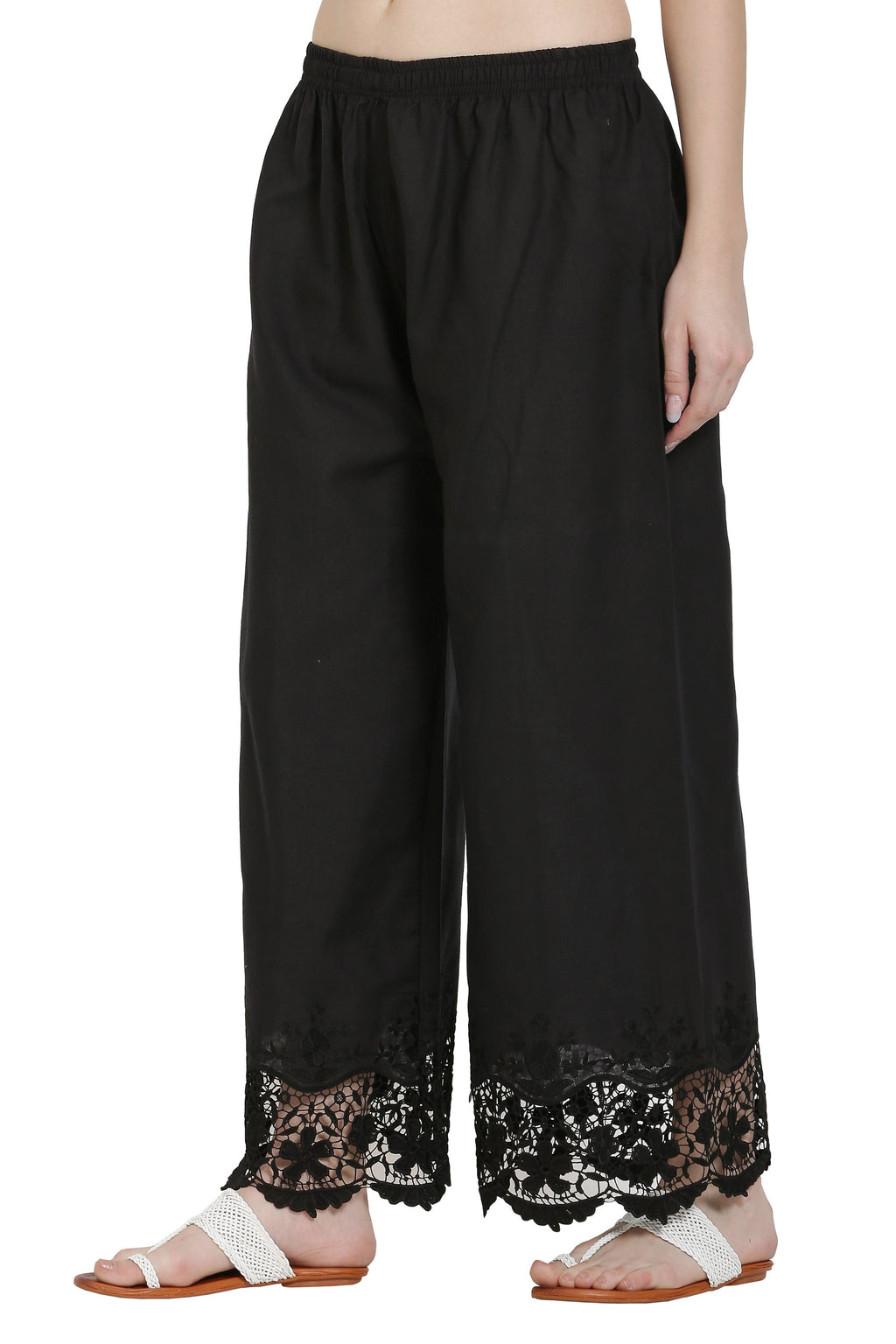 PAVONINE Black Color Chikankari Lace Scalloped Hem Cotton Fabric Sharara For Women