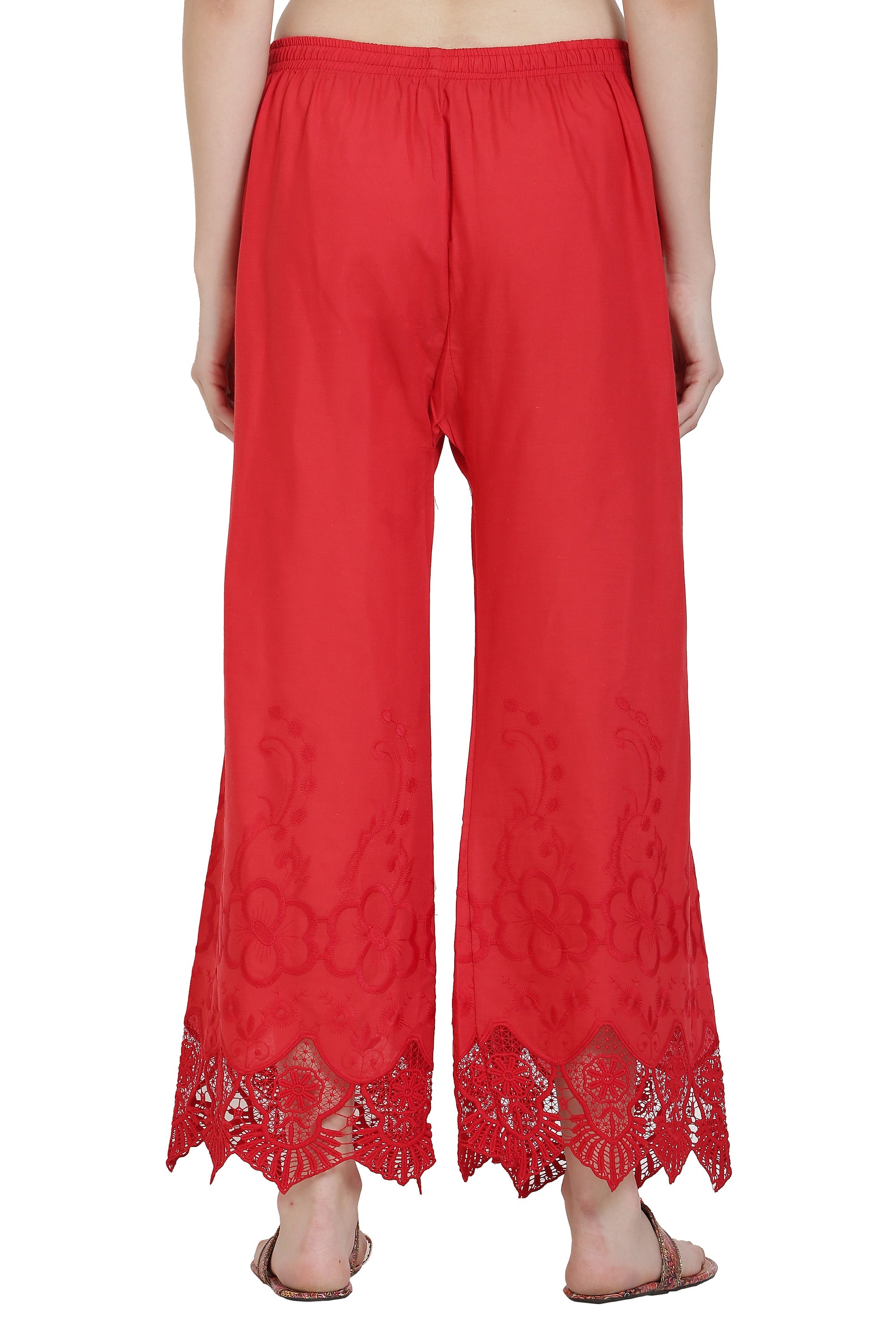 PAVONINE Red Color Chikankari Lace Scalloped Hem Cotton Fabric Sharara For Women