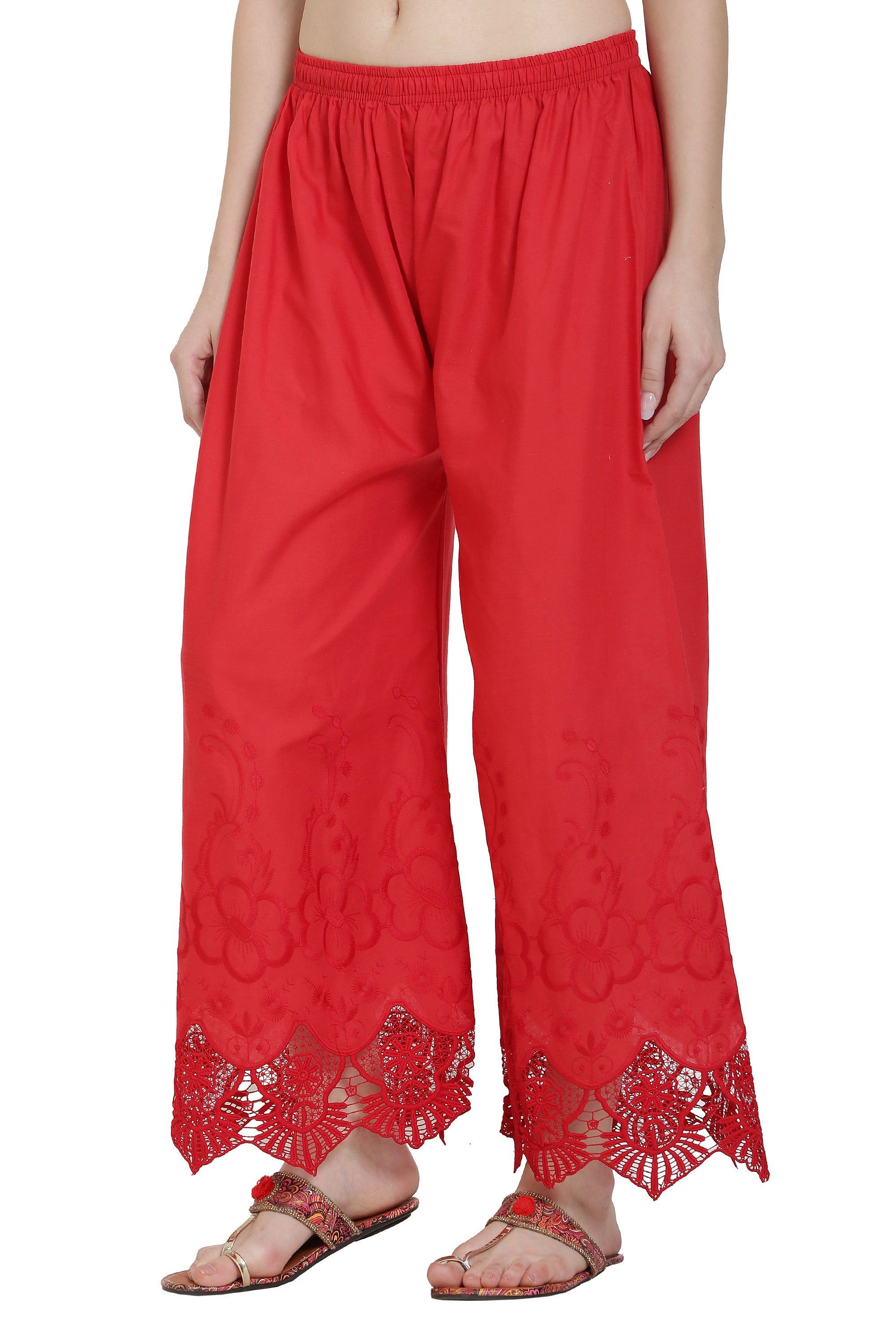 PAVONINE Red Color Chikankari Lace Scalloped Hem Cotton Fabric Sharara For Women