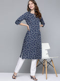 HERE&NOW Women Navy Blue & White Ethnic Motifs Printed Keyhole Neck Kurta