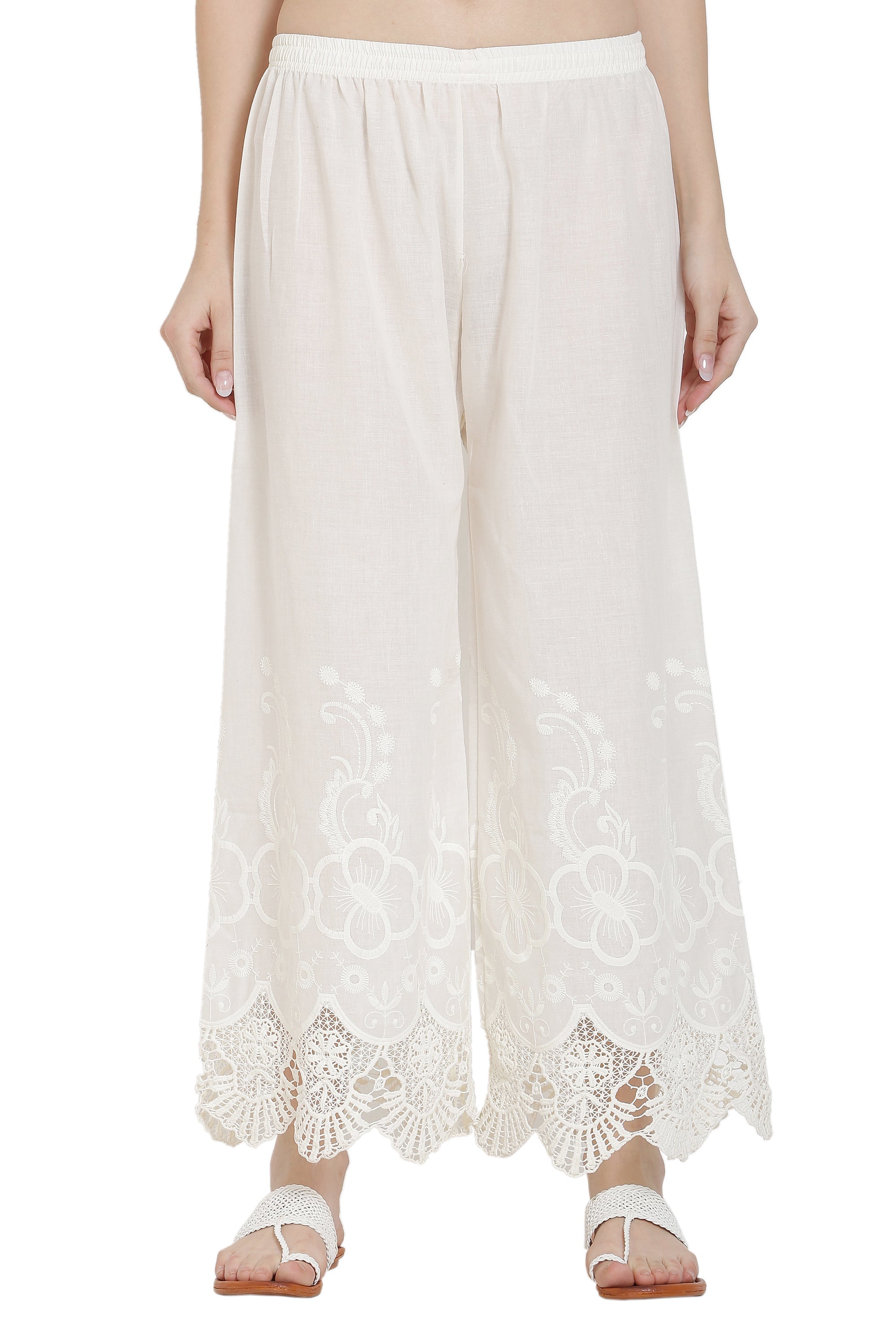 PAVONINE White Color Chikankari Lace Scalloped Hem Cotton Fabric Sharara For Women
