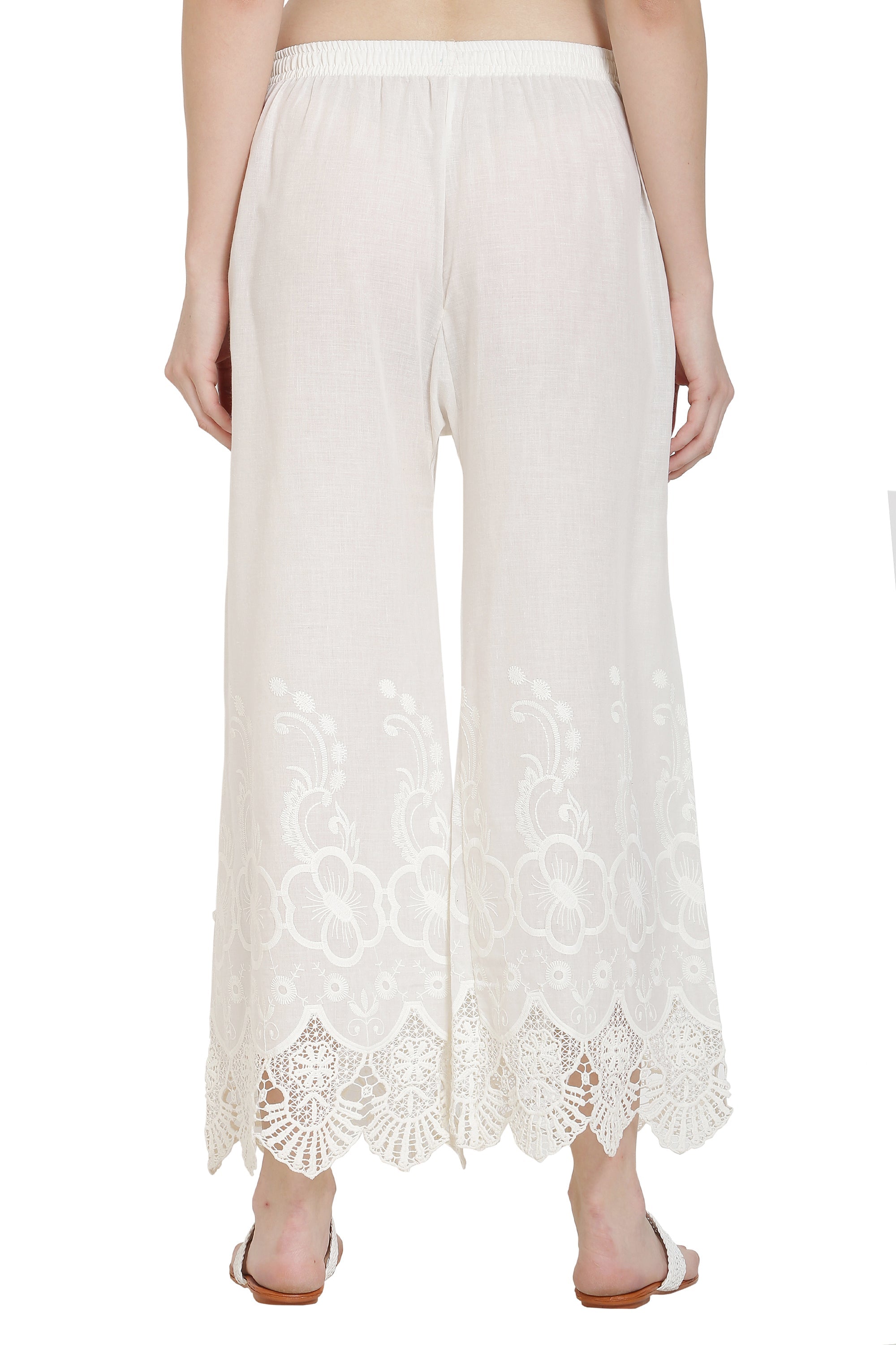 PAVONINE White Color Chikankari Lace Scalloped Hem Cotton Fabric Sharara For Women