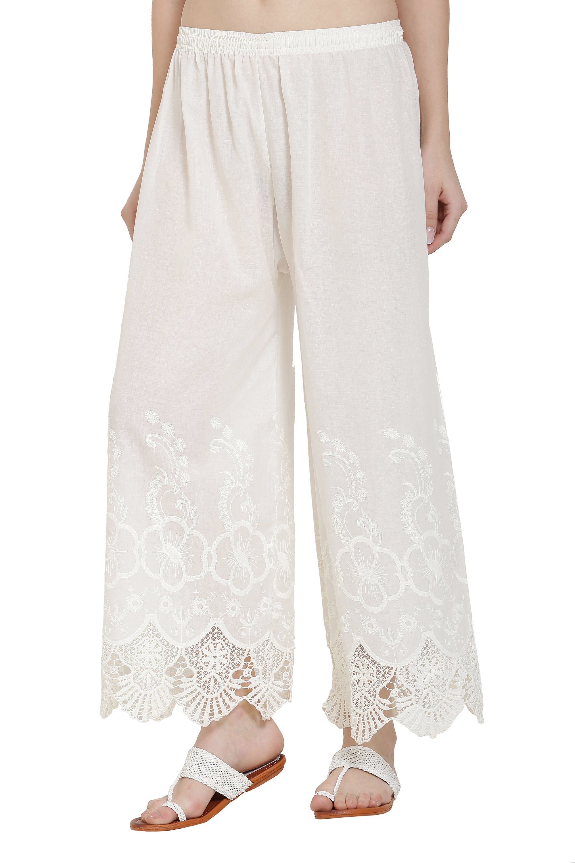 PAVONINE White Color Chikankari Lace Scalloped Hem Cotton Fabric Sharara For Women