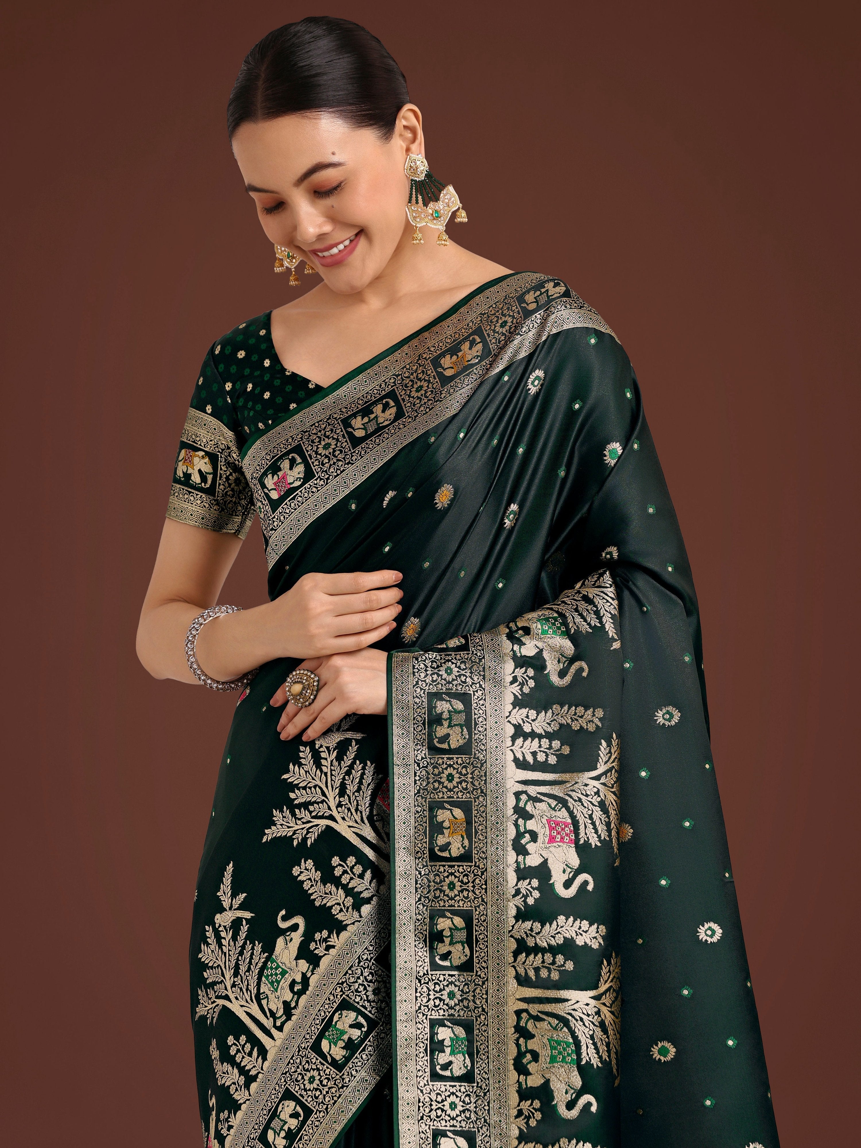Monjolika Fashion Gorgeous Dark Green Woven Banarasi Designer Satin Silk Saree