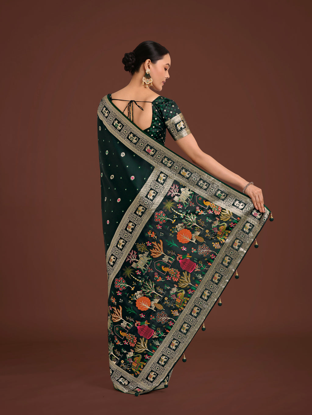 Monjolika Fashion Gorgeous Dark Green Woven Banarasi Designer Satin Silk Saree