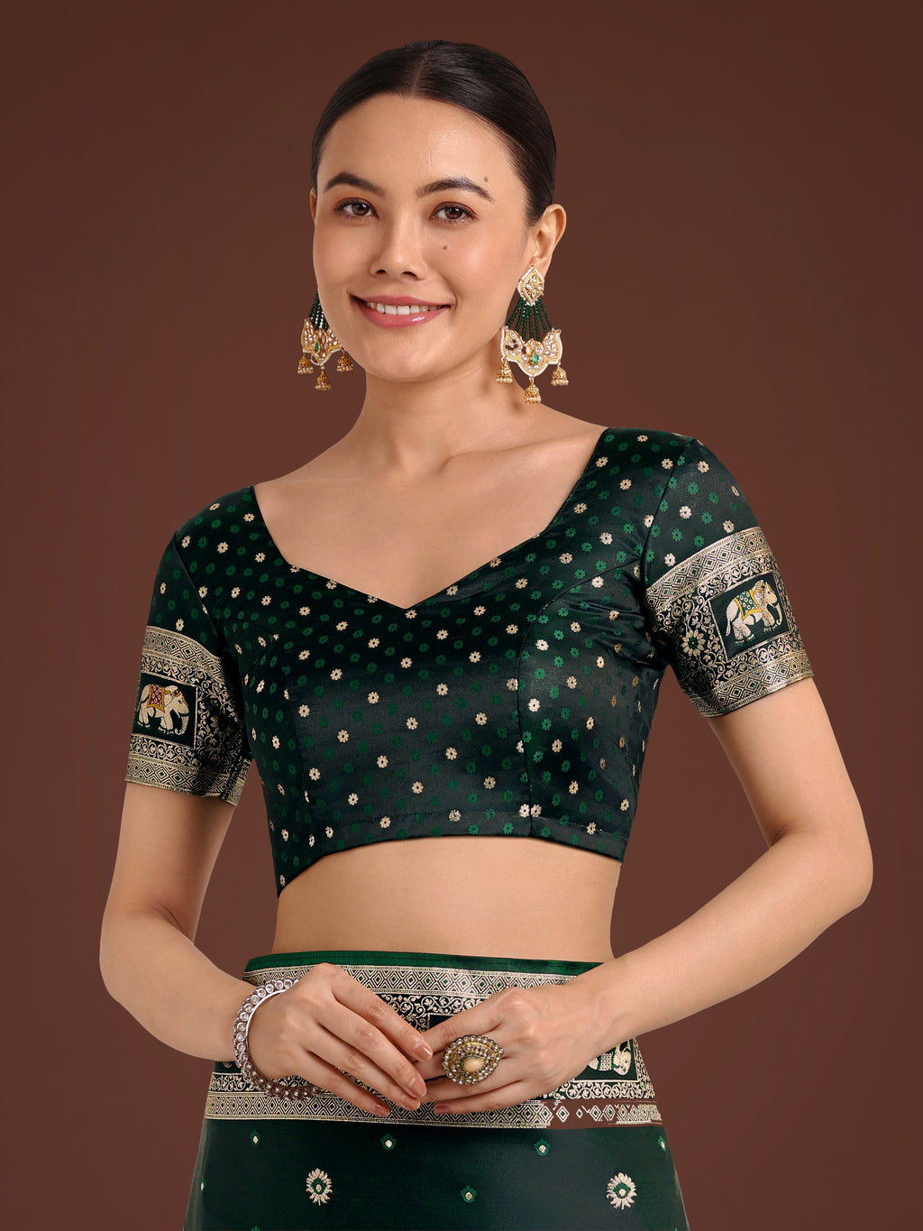 Monjolika Fashion Gorgeous Dark Green Woven Banarasi Designer Satin Silk Saree