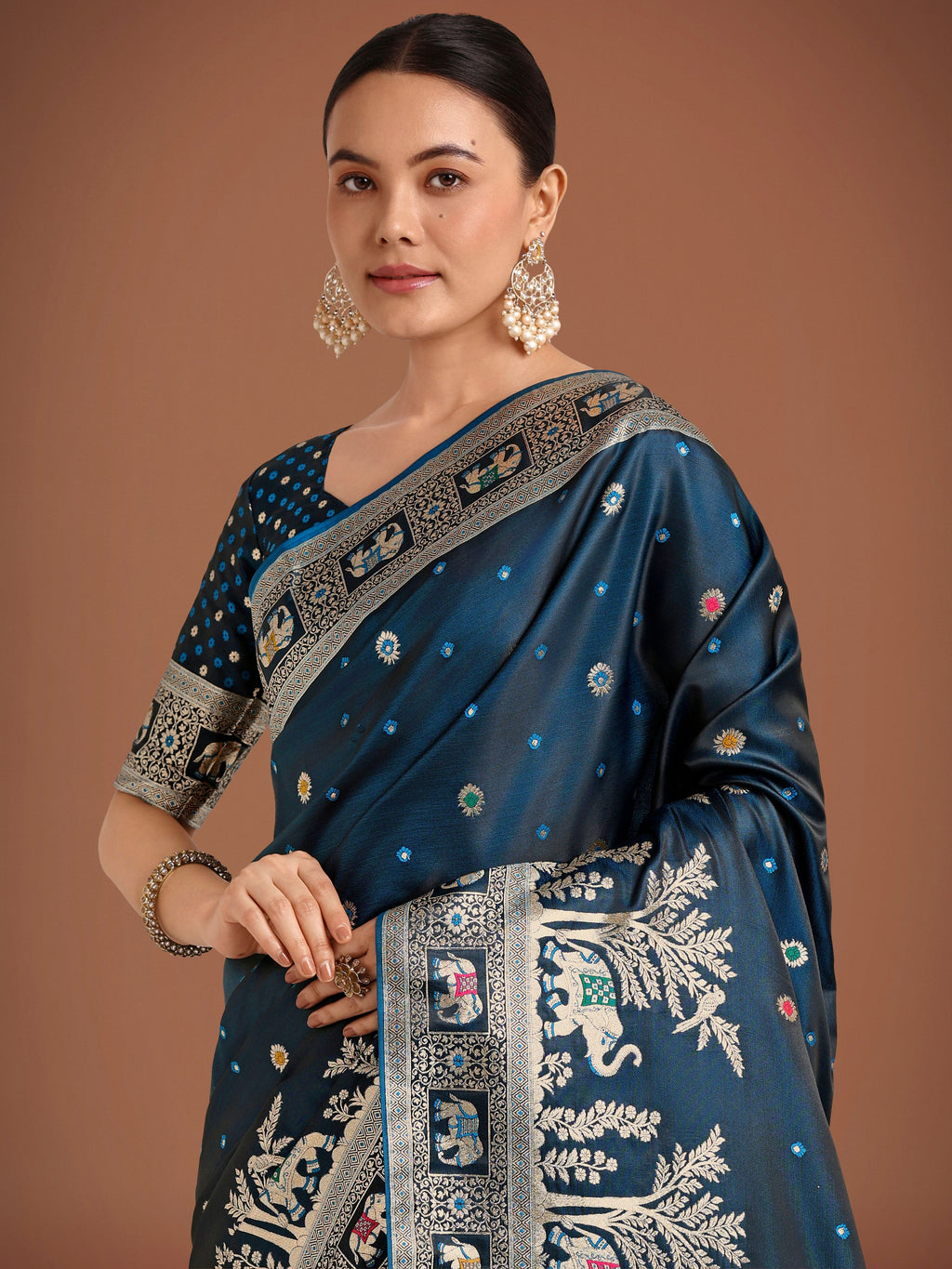 Monjolika Fashion Gorgeous Dark Teal Woven Banarasi Designer Satin Silk Saree