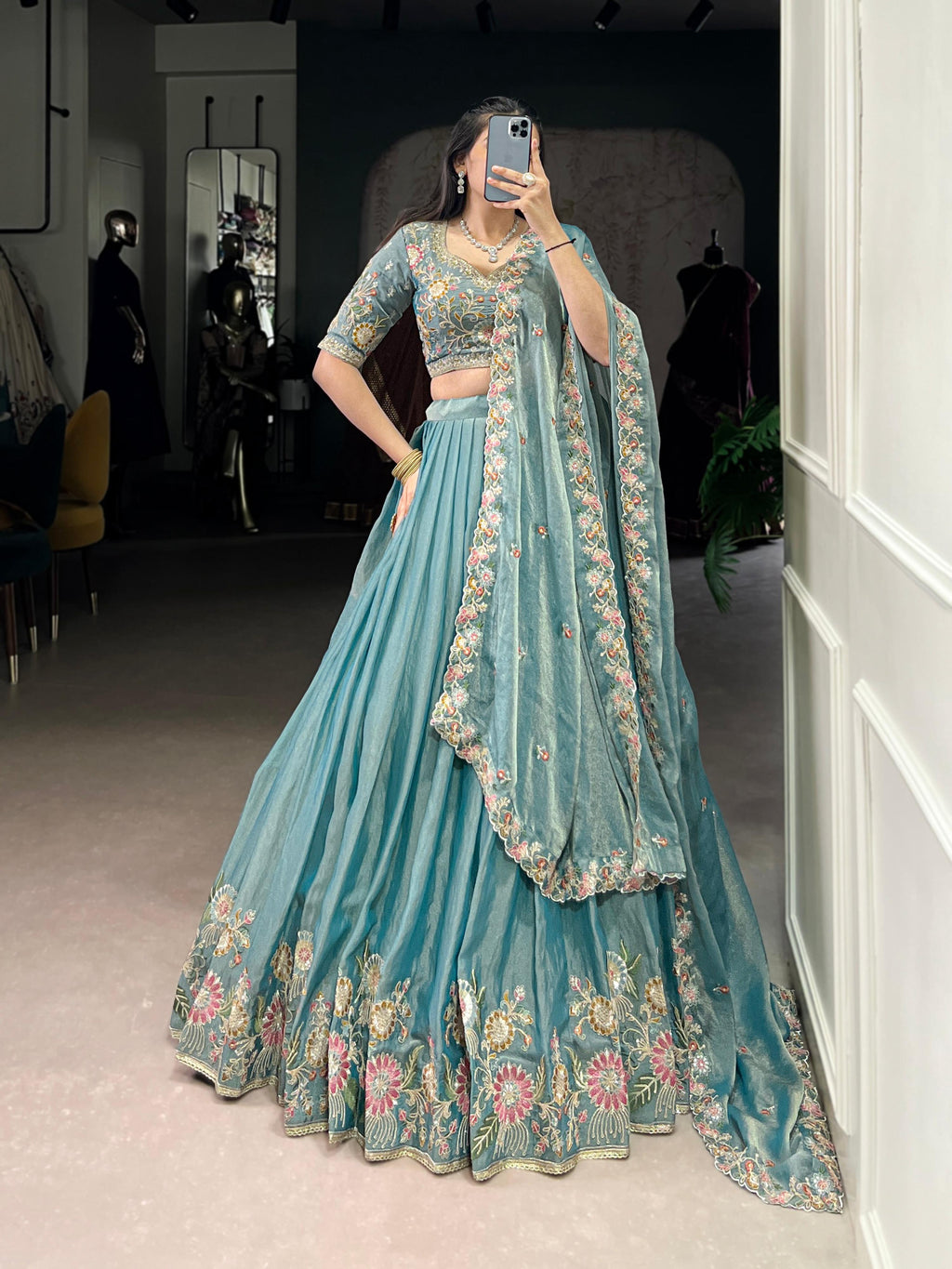 Lorenvalley Fashion Skyblue Zari Shimmer Sequins and Thread Embroidery Work Lehenga Choli with Dupatta