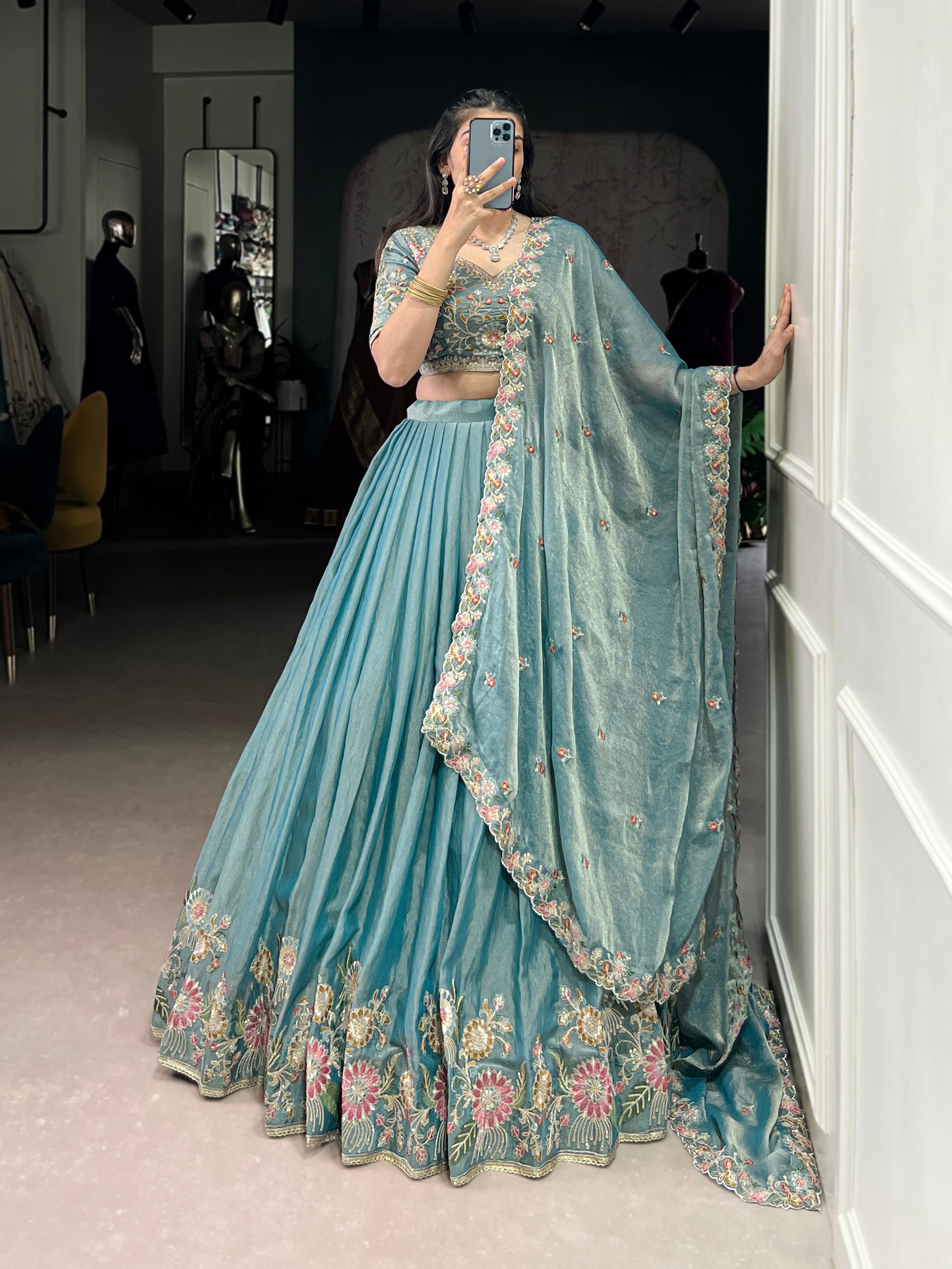 Lorenvalley Fashion Skyblue Zari Shimmer Sequins and Thread Embroidery Work Lehenga Choli with Dupatta