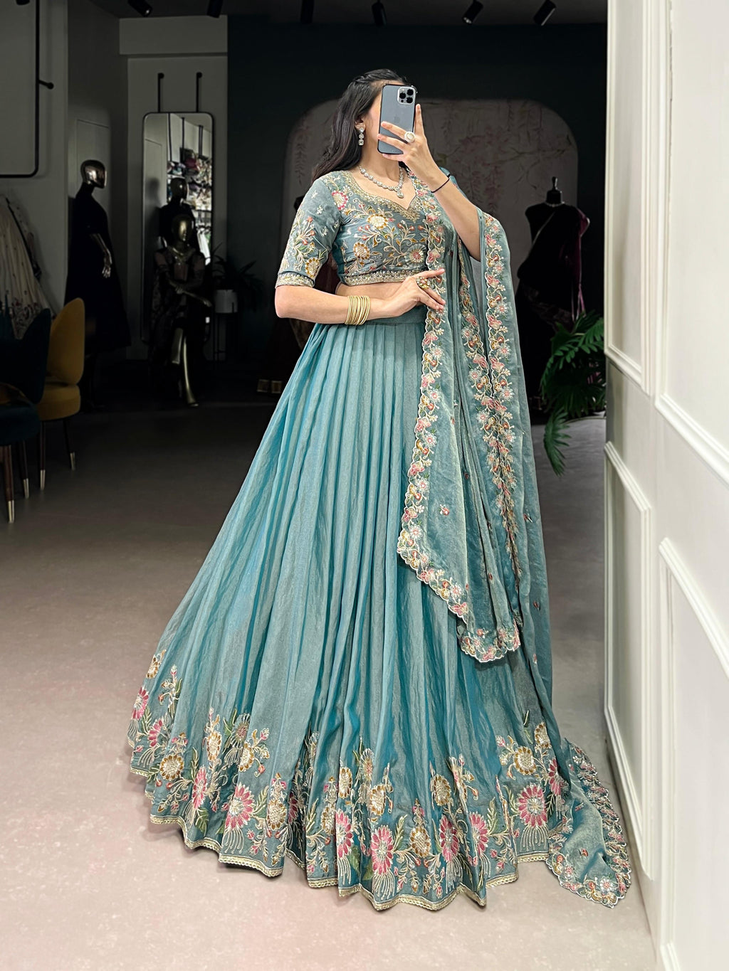 Lorenvalley Fashion Skyblue Zari Shimmer Sequins and Thread Embroidery Work Lehenga Choli with Dupatta