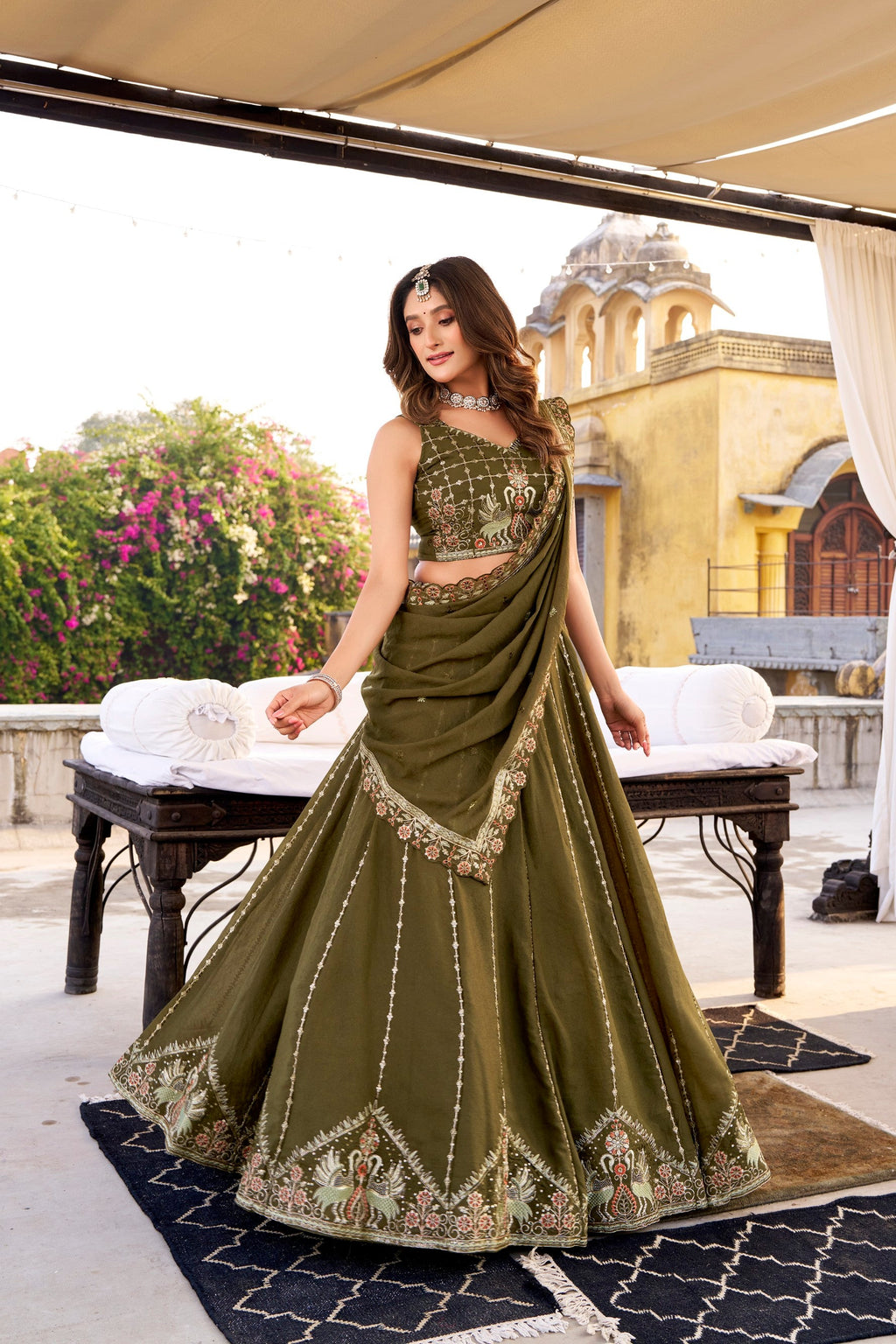 Lorenvalley Fashion Mehendi Crush Silk Sequins and Thread Embroidery Work Lehenga Choli with Dupatta